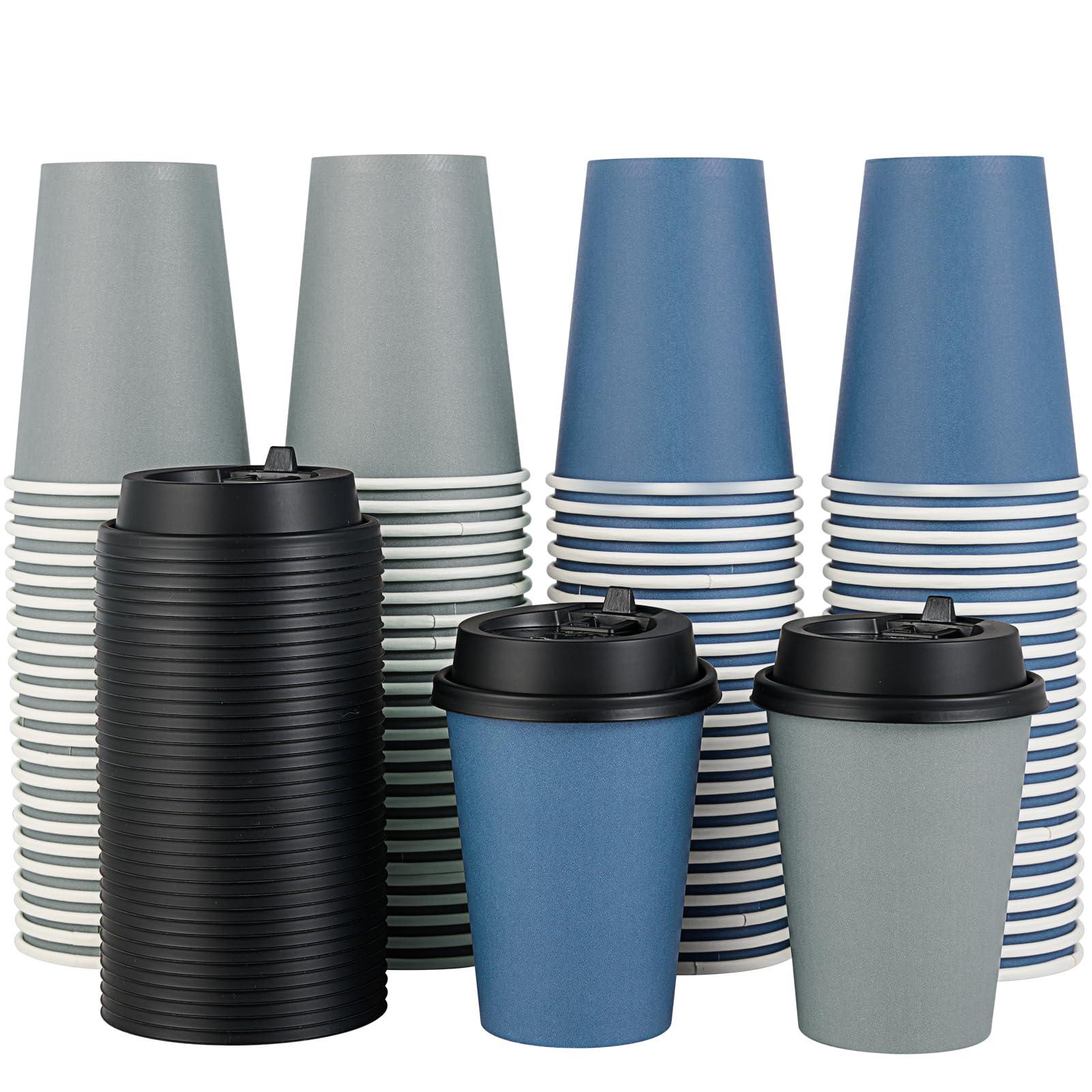 LITOPAK 100 Pack 12 oz Disposable Paper Coffee Cups with Lids for Coffee, Water, Juice, or Tea, Blue and Gray Hot Paper Cups for Home, Restaurant, Store, and Cafe - Image 1