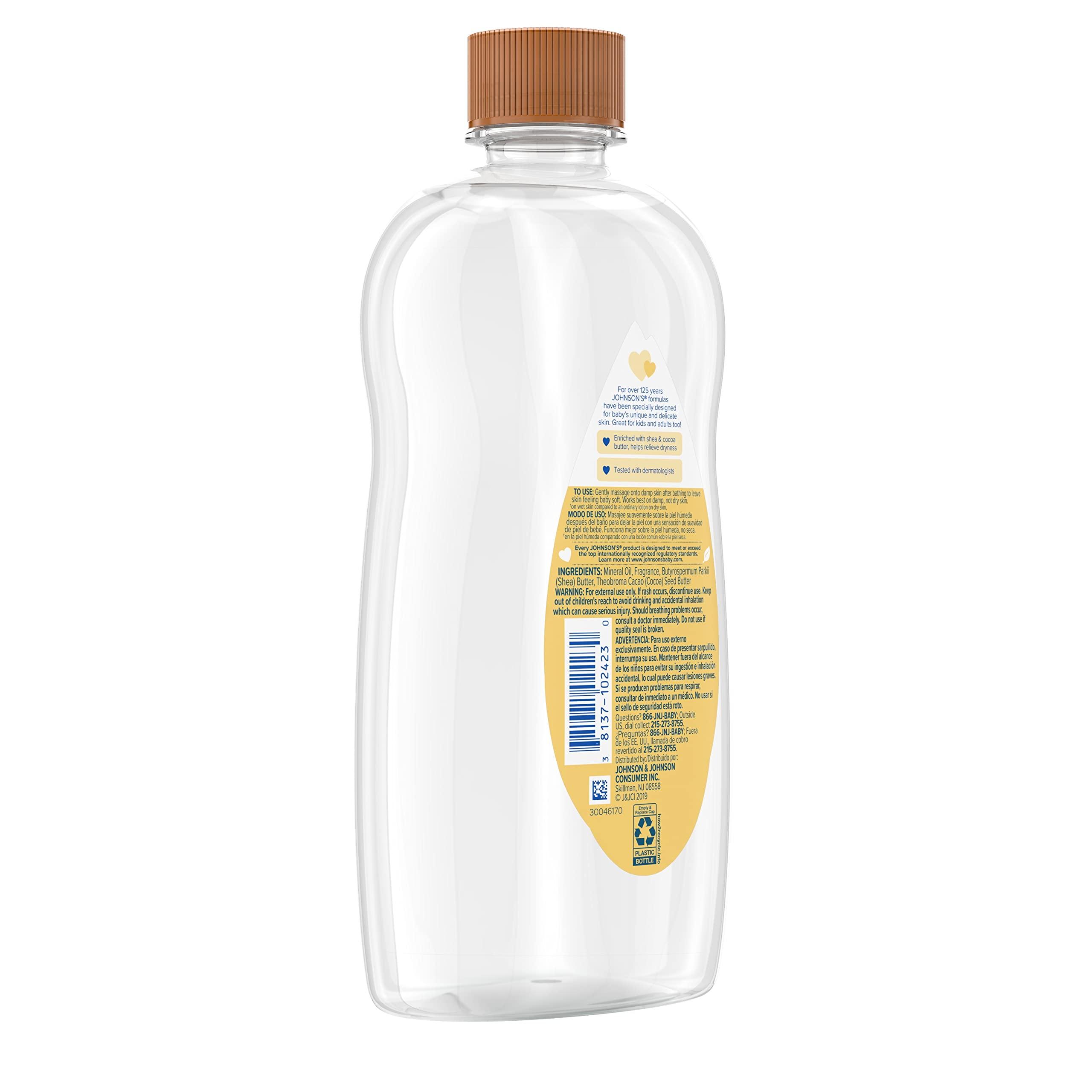 Johnson's Baby Oil, Mineral Oil Enriched with Shea & Cocoa Butter to Prevent Moisture Loss, Hypoallergenic, 20 fl. oz - Image 5