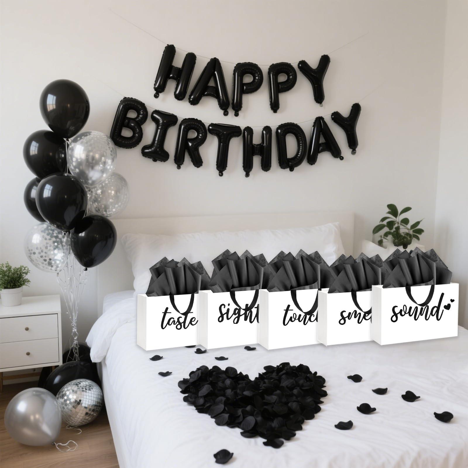YIXAXKAO 5 Senses Gift Bags Five Senses Birthday Party Decorations with Tissue Paper, Rose Petals and Happy Birthday Banner Balloons Five Senses Gift for Him Husband Boyfriend (Black white) - Image 5