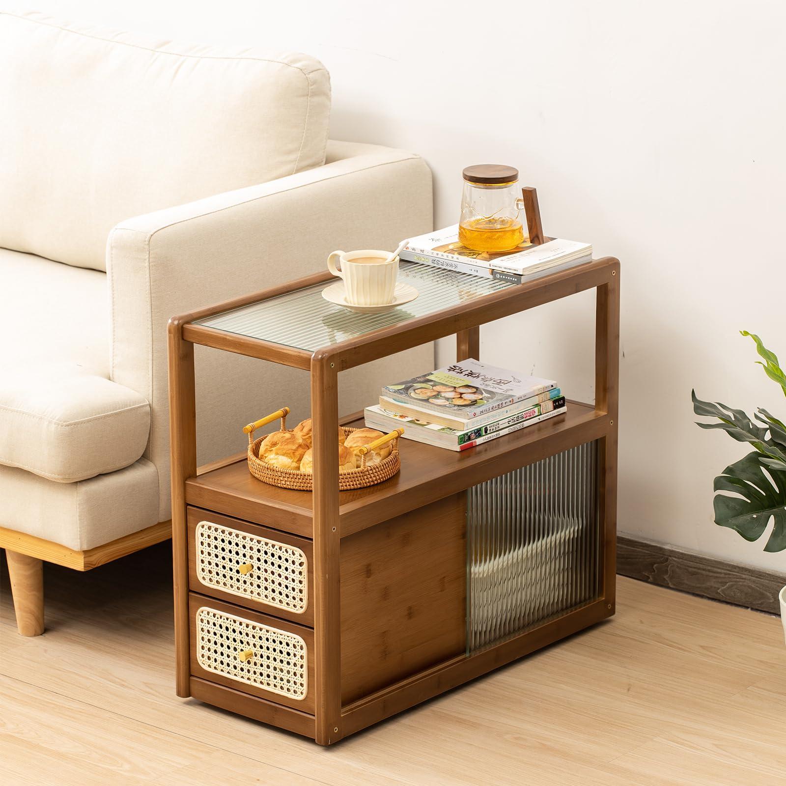 Tiita Rattan Nightstand Side Table, Bamboo Accent Bedside Tables, Glass Coffee Tables, Boho Wooden End Table with Storage for Small Space, Living Room and Bedroom