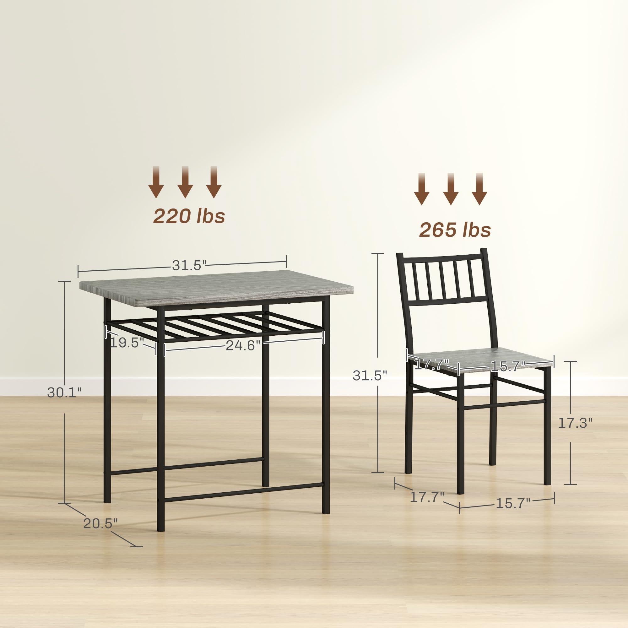 HOMCOM 3-Piece Dining Table Set for 2, Small Kitchen Table and Chairs with Built-in Storage Rack and Steel Frame, for Breakfast Nook and Small Space, Gray - Image 3