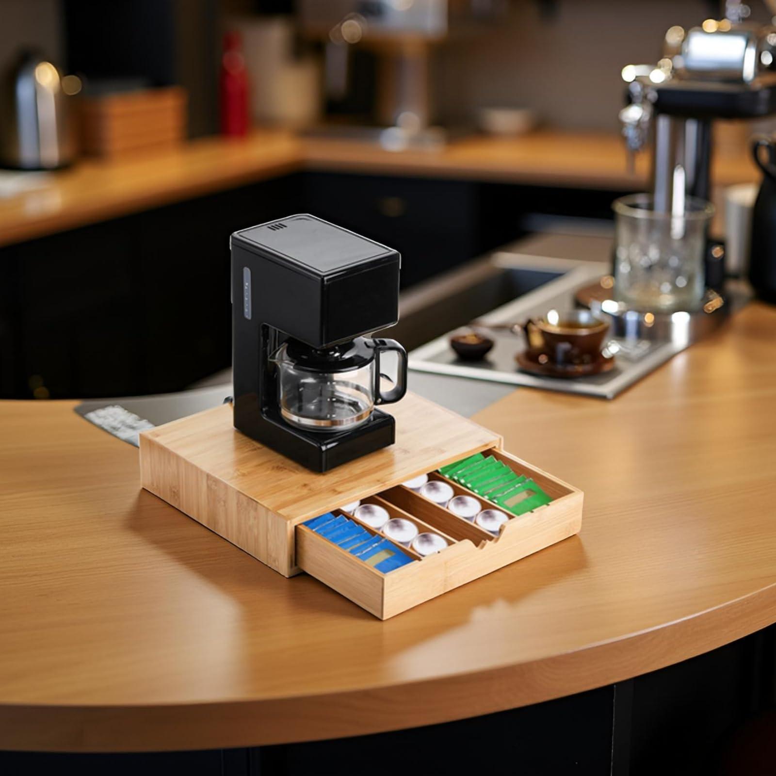 Peohud Bamboo Coffee Pod Drawer, Espresso Coffee Capsule Holder with 5 Adjustable Compartment, Tea Bag Storage Organizer for Kitchen Counter Office Coffee Station - Image 2