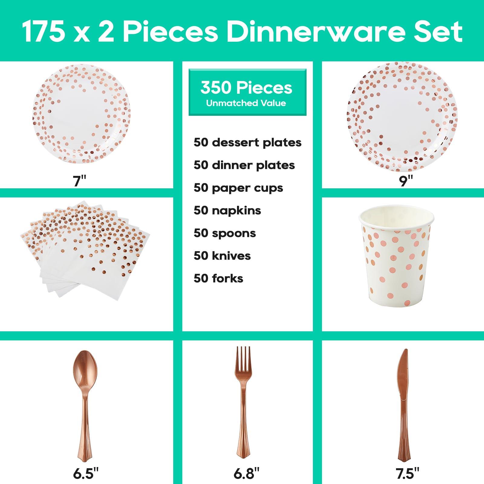 White and Rose Gold Party Supplies - 350 PCS Disposable Dinnerware Set - White Paper Plates Napkins Cups, Gold Plastic Forks Knives Spoon for Graduation, Birthday, Cocktail Party - Image 3