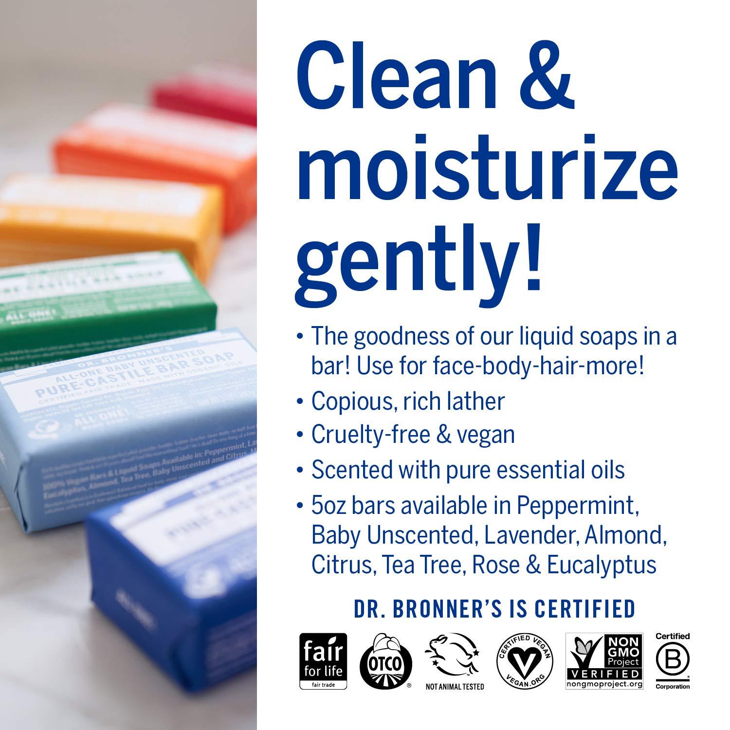 Dr. Bronner's - Pure-Castile Bar Soap (5 Ounce Variety Gift Pack) Almond, Unscented, Lavender, Peppermint, Citrus, Rose - Made with Organic Oils - Image 5