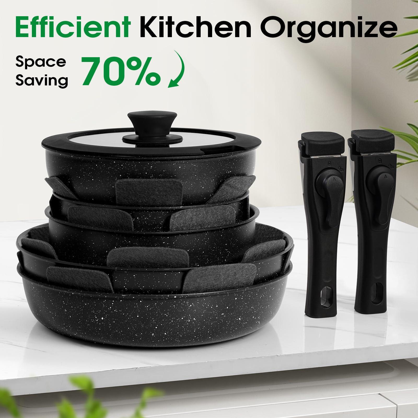 SODAY 15Pcs Pots and Pans Set Non Stick, Cookware Sets with Detachable Handle, Nonstick RV Kitchen Cooking Tools Removable Handles, Oven Safe, Induction Fast, Stackable Induction Cookware,Black - Image 5