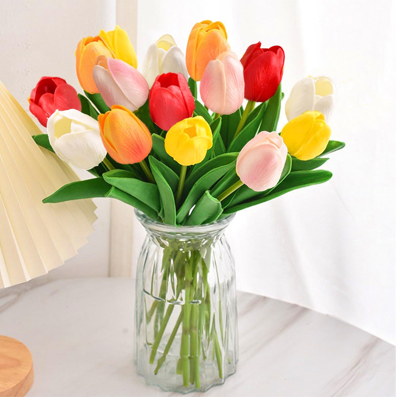 Fodofodo 15PCS Artificial Tulips Flowers,Real Touch 14" Silk Fake Tulips,Bulk Fake Flowers,Faux Flowers,Artificial Flowers for Home Kitchen Office Dining Room Wedding Decorations (Colorful)