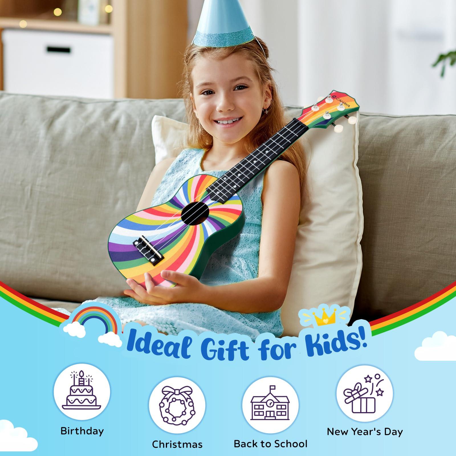 CAHAYA Soprano Ukulele Beginner Kit: 21-Inch Ukulele Cartoon-Themed with Gig Bag Shoulder Strap and Fretboard Stickers for Kids Adults Hawaiian Ukulele Gift Set - Image 6