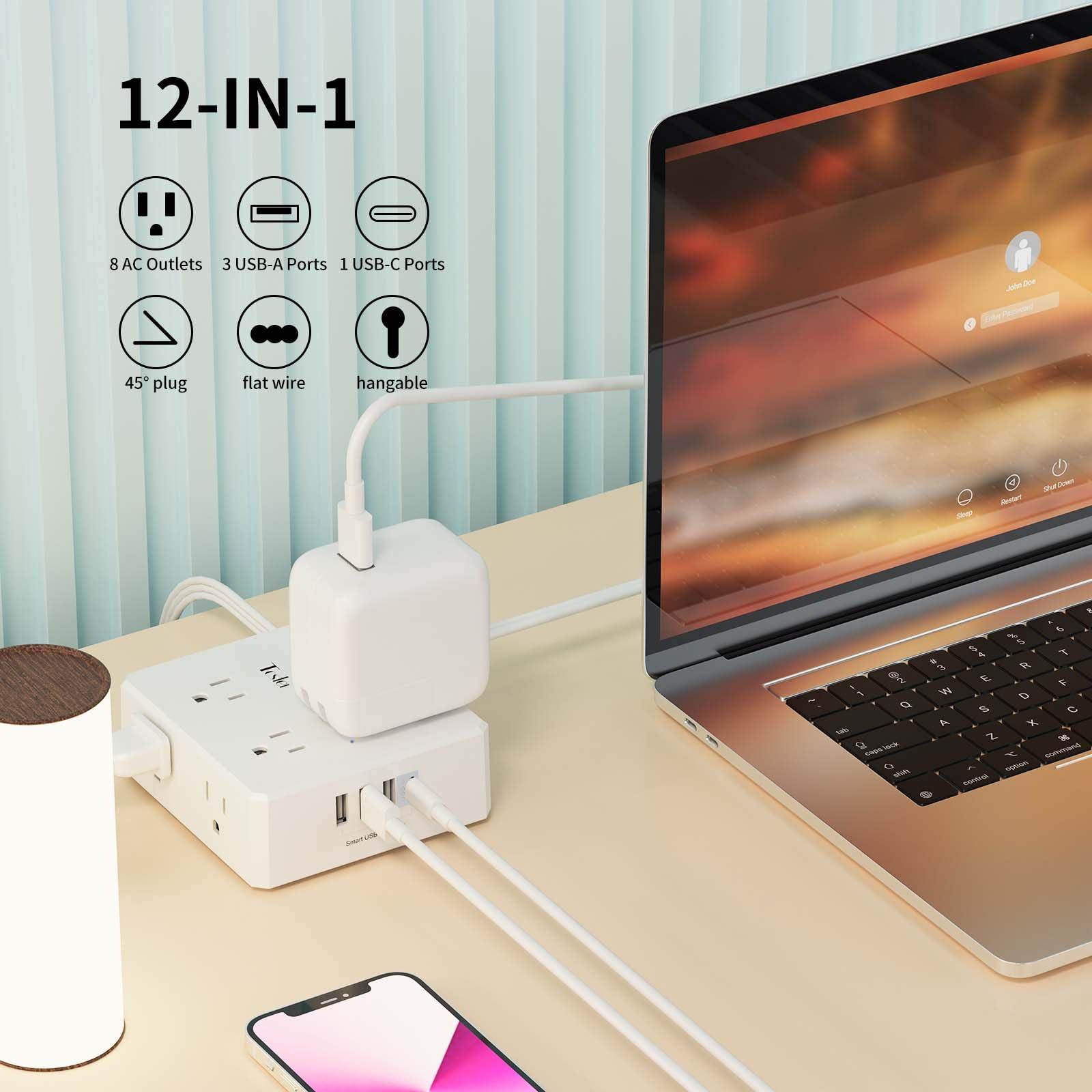 6 Ft Flat Extension Cord, Tcstei Ultra-Thin Flat Plug Surge Protector Power Strip, 3-Sided Outlet Extender, 8 AC Outlets and 4 USB Ports(1 USB C) for Home, Office, Dorm Room Essentials, ETL, White - Image 3