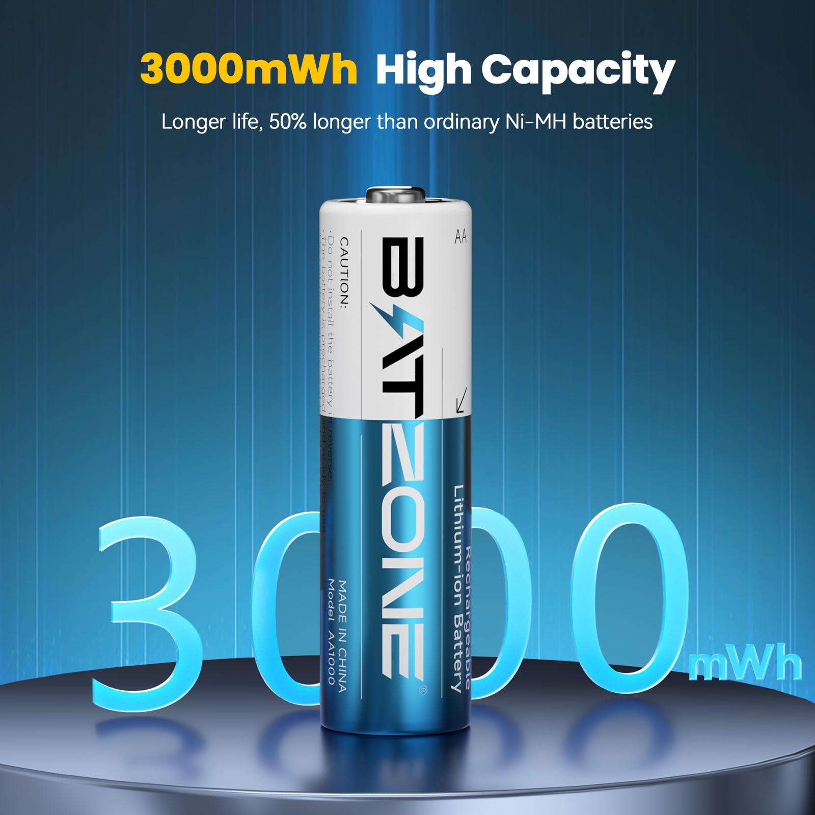 BATZONE Rechargeable Lithium aa Batteries 4 Pack 1.5V 3000mWh High Capacity Lithium Batteries aa Constant Output Li-ion Double a Batteries Cycle Times up to 1600x (4Pack) - Image 2