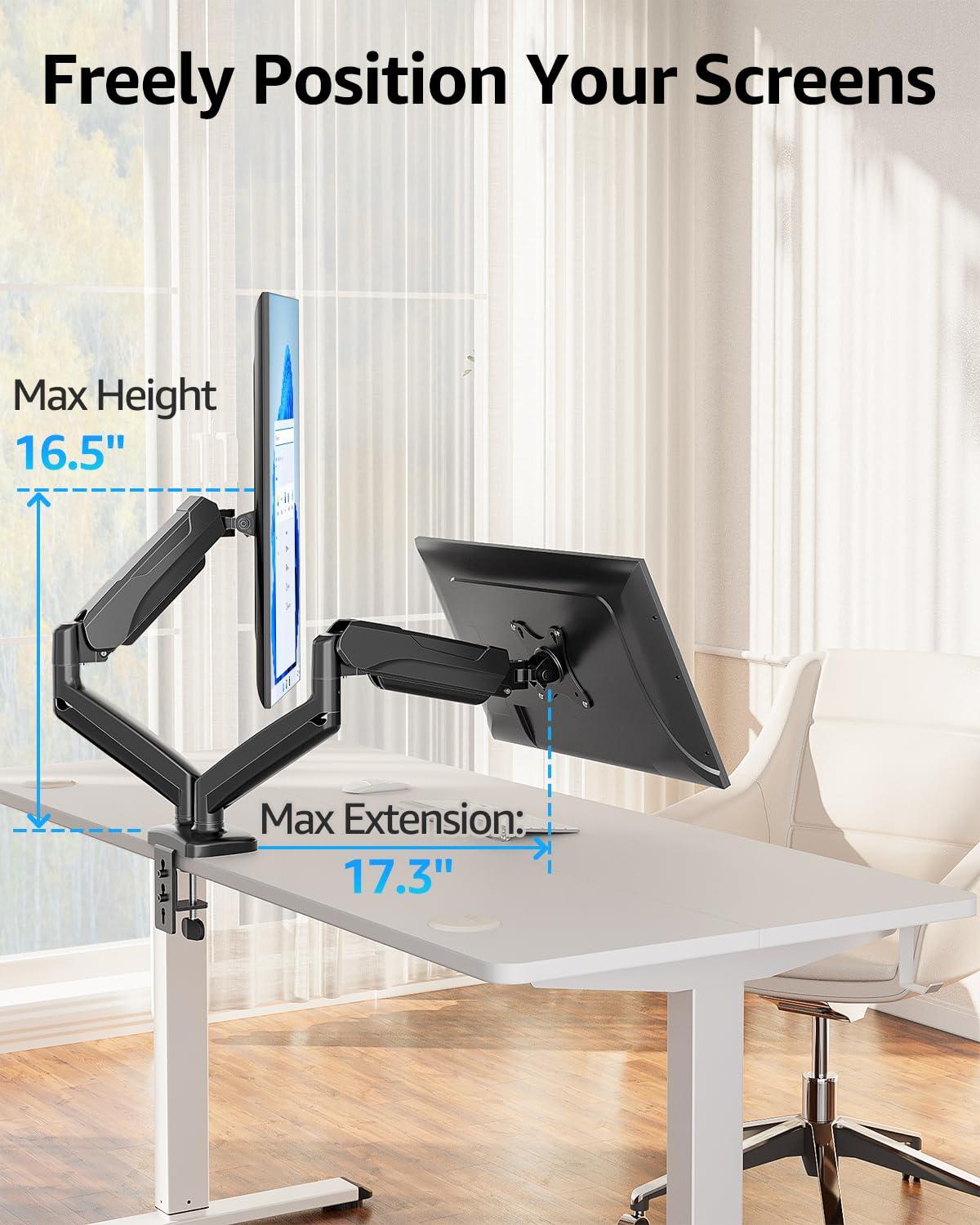 MOUNTUP Dual Monitor Stand for Desk, Pneumatic Monitor Arms for 2 Monitors Max 32 Inches, Height Adjustable Double Monitor Mount, VESA Mounts with C-Clamp & Grommet Base, Holds 4.4-17.6lbs, Black - Image 5