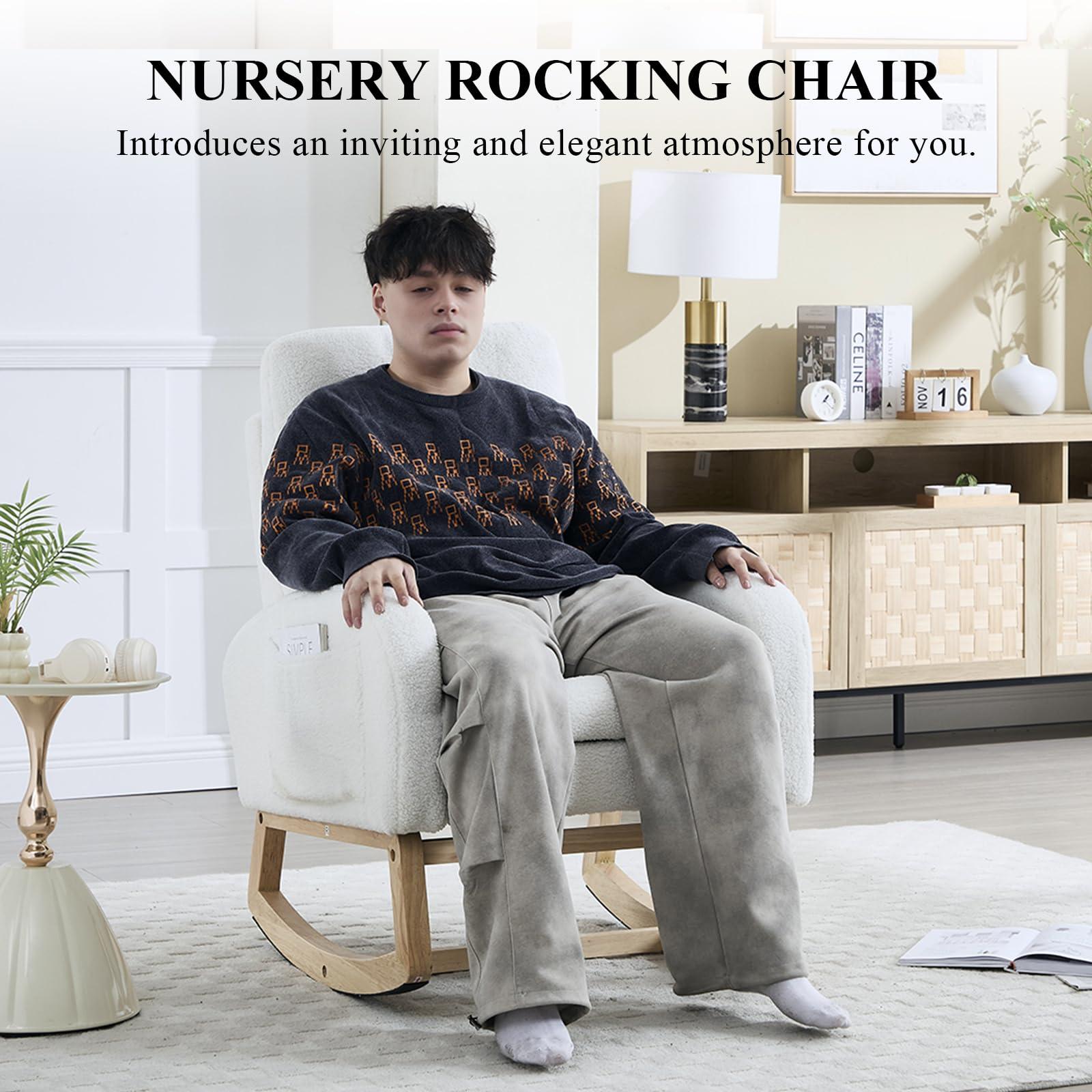 NIOIIKIT Oversized Nursery Rocking Chair, Teddy Upholstered Glider Chair with Footrest, Large Glider Rocker with Side Pocket, Rocking Accent Chair, Glider Recliner for Living Room (White Teddy) - Image 3