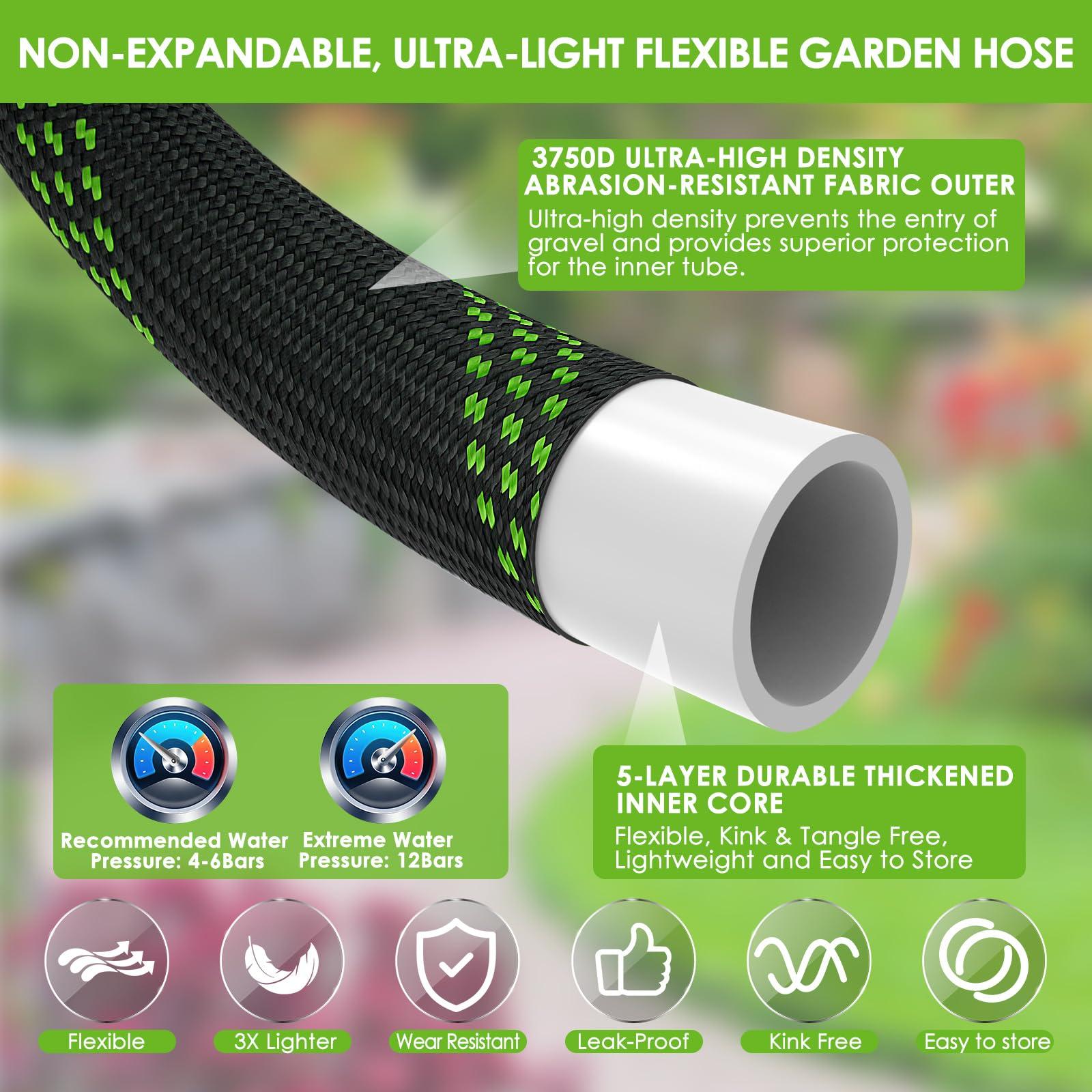 FlexiSolve Garden Hose 100 ft, NON-EXPANDABLE Ultra Lightweight & Flexible Water Hose With 10-Pattern Spray Nozzle, Kink-Resistant, Leak-Proof, 3750D High-Density Fabric & Shut-Off Valve, Hose Straps - Image 2