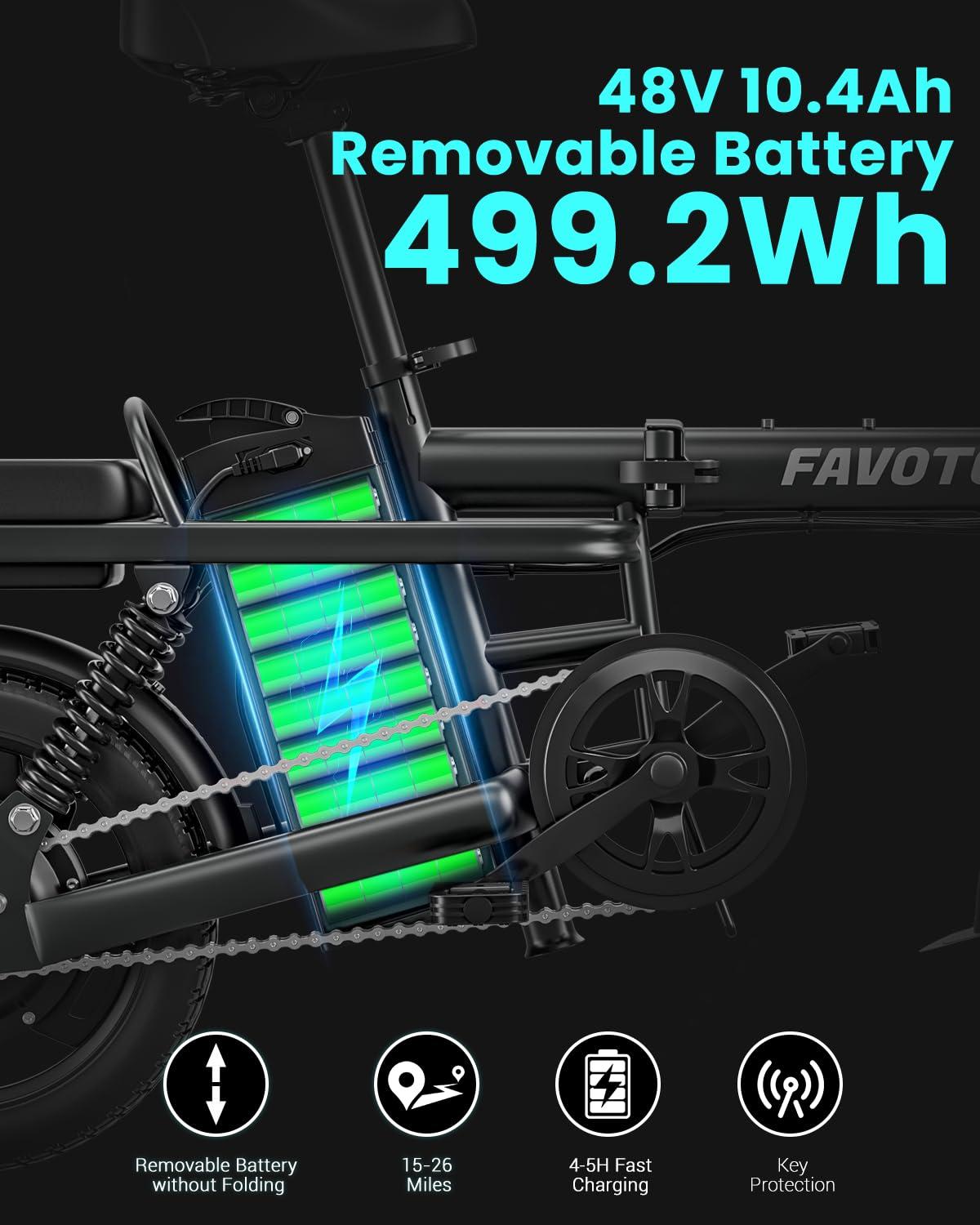 Favoto Folding Electric Bike with Removable 499Wh Battery - 400W Power(Peak 600W Brushless Motor) 48V, Multiple Suspension Foldable Ebike,3-Speed, Mini E Bikes 14" Tires for Adults/Teens - Image 5