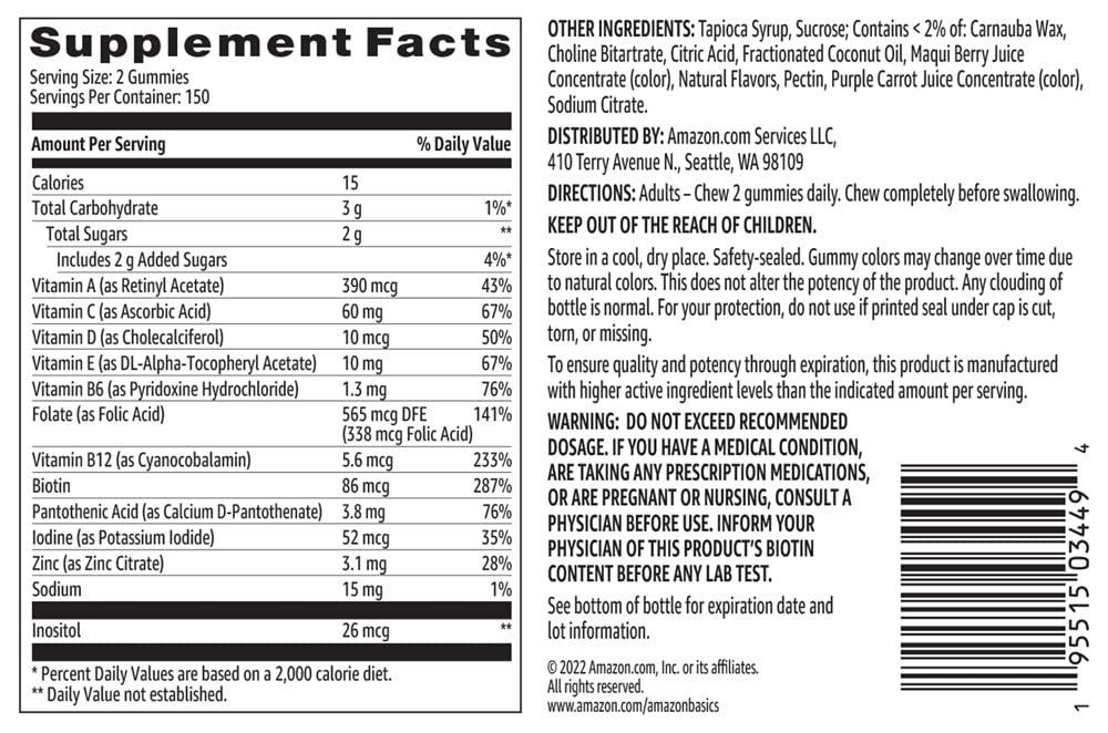 Amazon Basics Adult Multivitamin Gummies, Mixed Berry & Cherry, 150 Gummies, 75-Day Supply, Pack of 2 (Previously Solimo) - Image 4