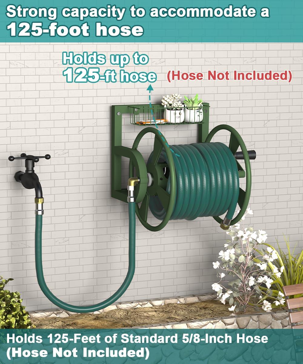 Artigarden Garden Wall Mounted Hose Reel, Outdoor Heavy-Duty Water Hose Holder Winder, Holds 125 Feet of 5/8-Inch Hose, with 3.9 ft Leader Hose, Brass Fitting and Storage Basket for Yard, Green - Image 4