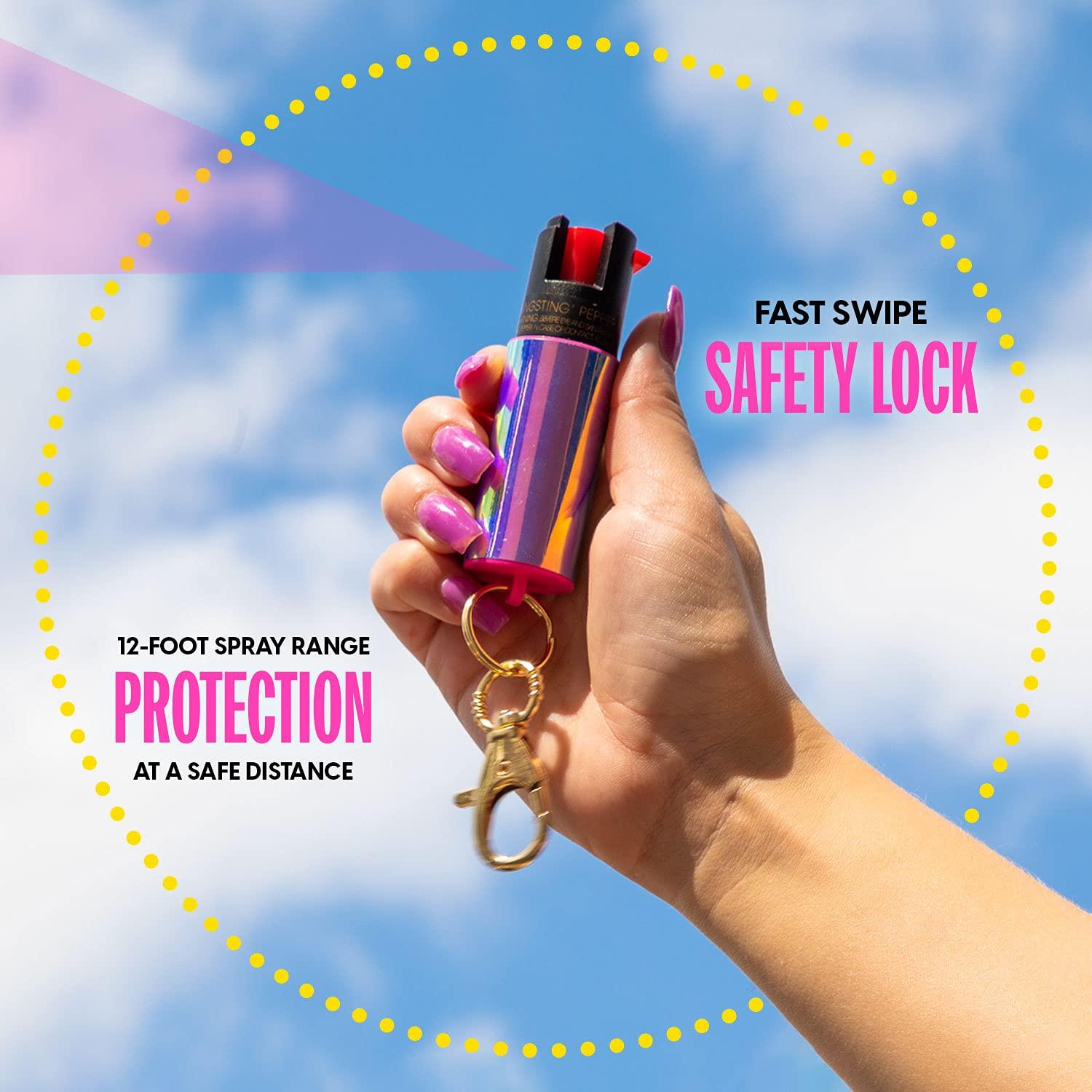 BLINGSTING Pepper Spray for Women - Maximum Strength OC Self Defense Spray - 12 ft Range - UV Marking Dye for Police ID - Swipe Safety Lock, Compact & Fashionable Keychain - Holographic - Image 3