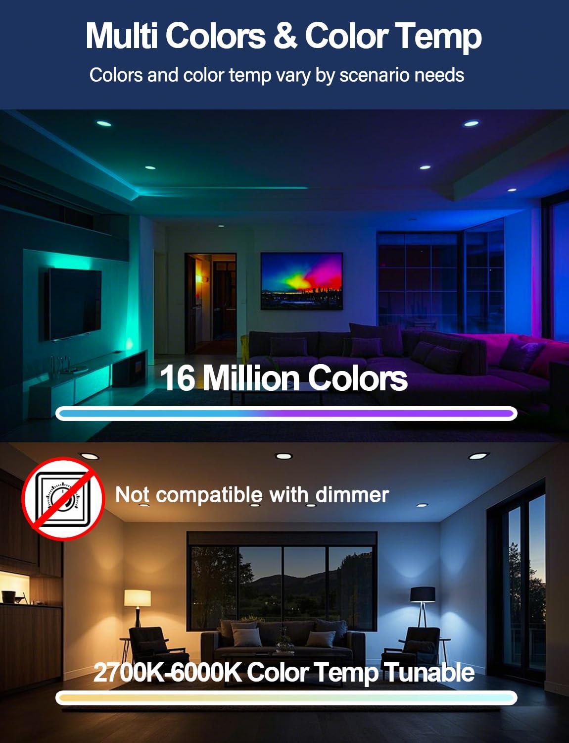 ILC 6 inch led recessed Light, Work with Alexa (Hub Required), App Controlled, RGB Color Changing, 16 Million Colors, CCT: 2700K-6000K, 14W, 120W Equivatlent, 1400LM, CRI 90, Bluetooth Mesh, 6 Packs - Image 4