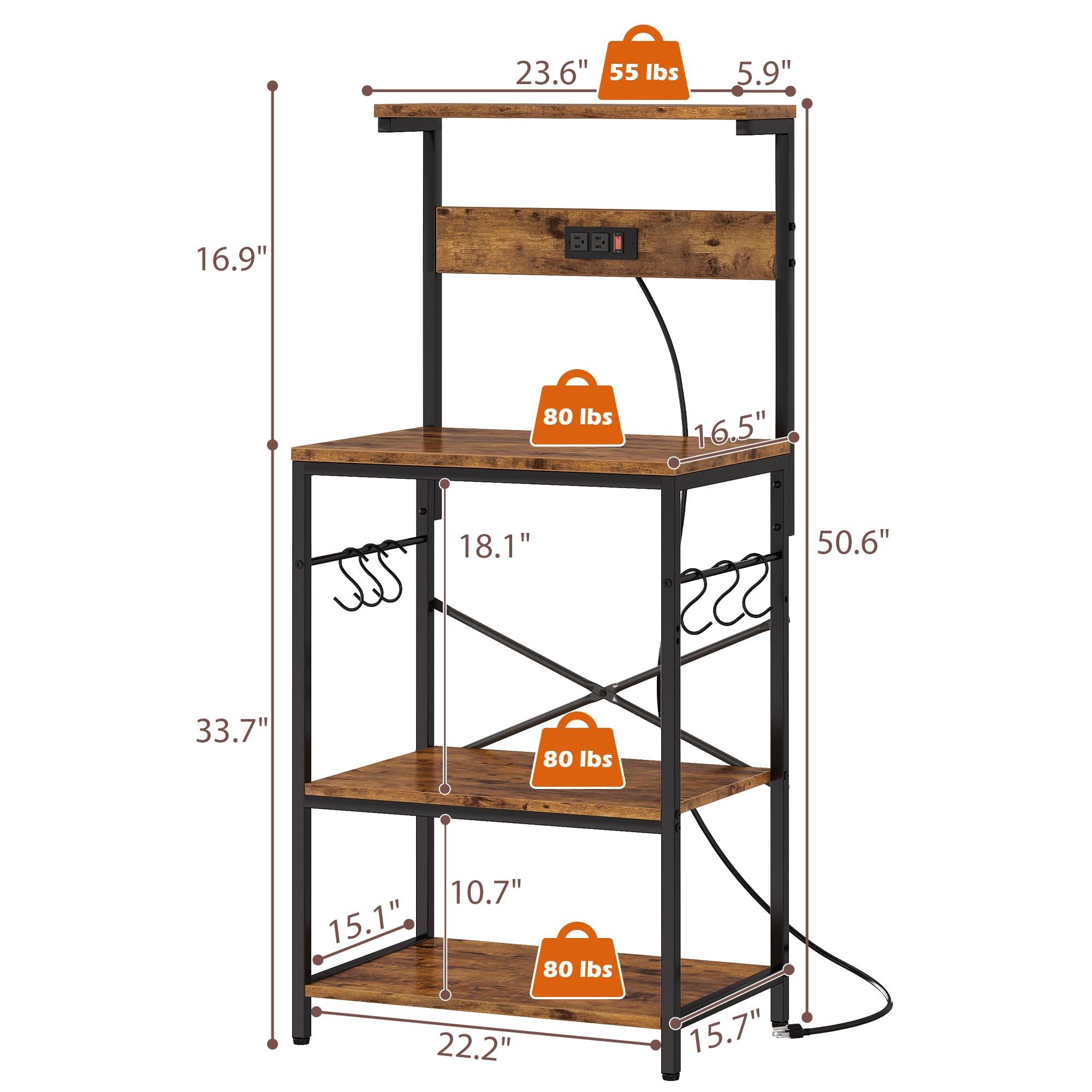 SUPERJARE Kitchen Bakers Rack with Power Outlet, Coffee Bar Table 4 Tiers, Kitchen Microwave Stand with 6 S-shaped Hooks, Storage Shelf Rack for Spices, Pots and Pans - Rustic Brown - Image 3
