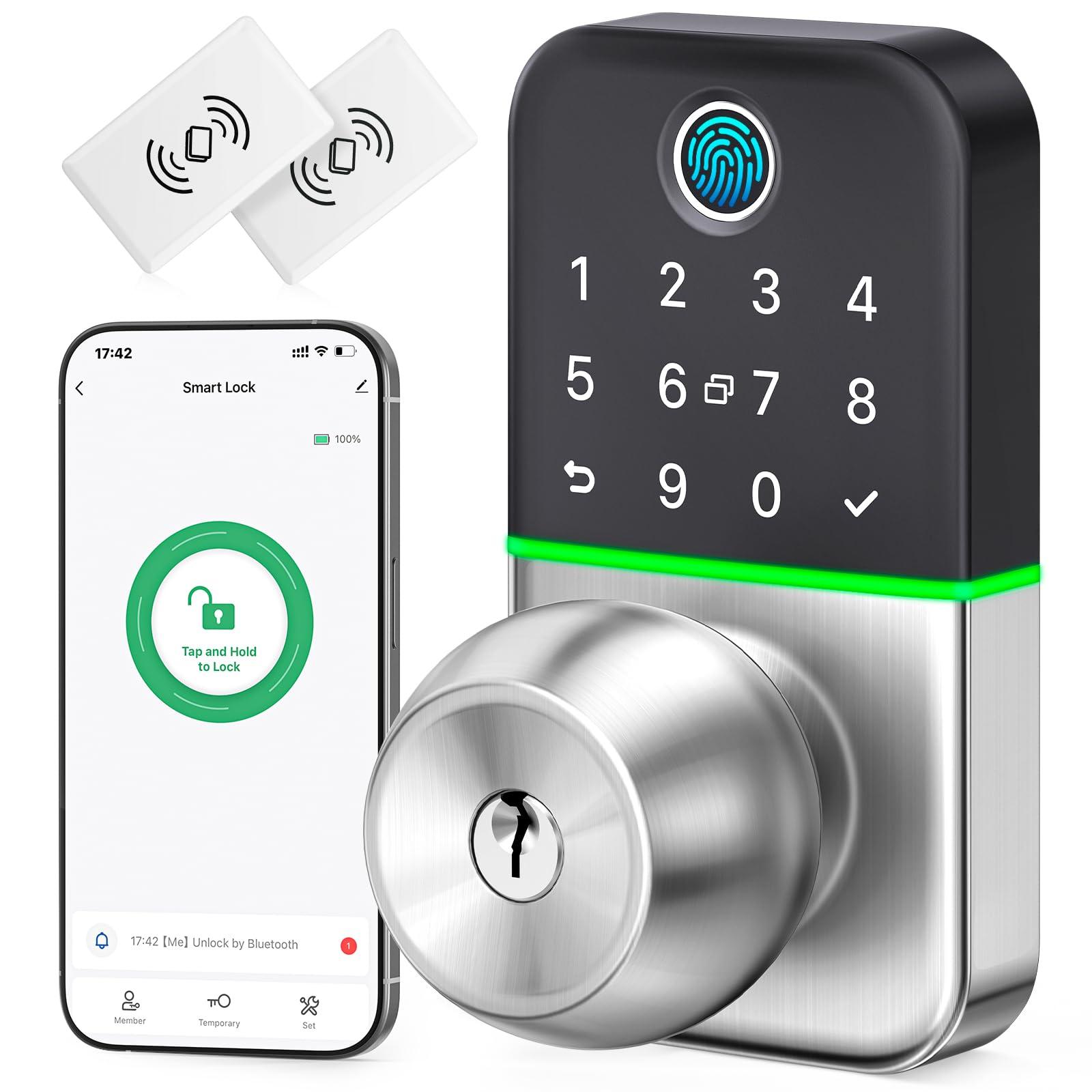 Keypad Smart Door Lock with Knob: Kucacci Keyless Entry Fingerprint Lock for Front Door - Keypad Digital Lock with Handle - Electronic Code Door Knob - Easy Installation - Generate Passcode Remotely