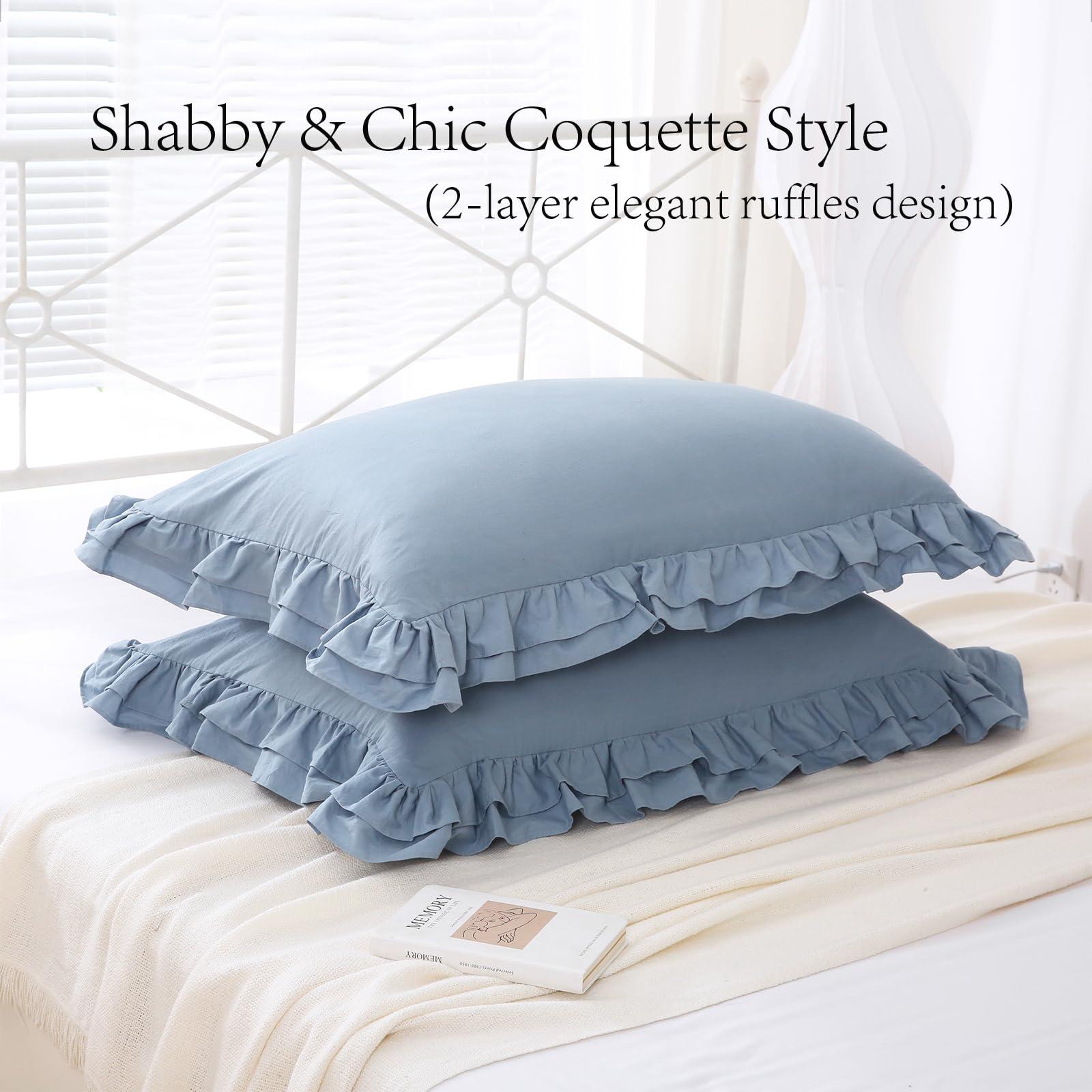 YOKKITA 2 Pack Dust Blue Ruffle Pillow Shams Standard Size 20x26 inches, 100% Cotton French Country Rustic Vintage Shabby and Chic Decorative Bed Pillow Shams (Dust Blue,20x26 inches) - Image 4