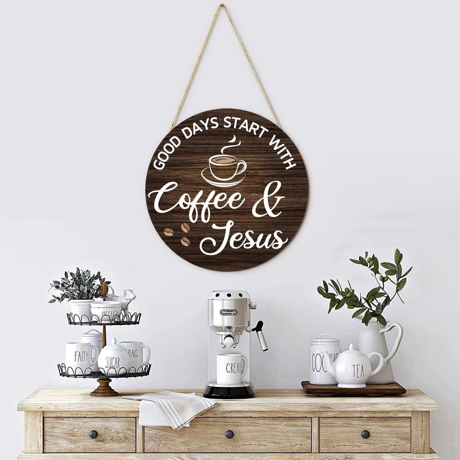 HMASYO Coffee Signs Decor for Coffee Bar, Good Days Start with Coffee & Jesus, Wood Farmhouse Wall Sign Coffee Bar Decor for Kitchen, Home, Office, Cafe, Coffee Station Housewarming Gift, 12'' x 12'' - Image 2