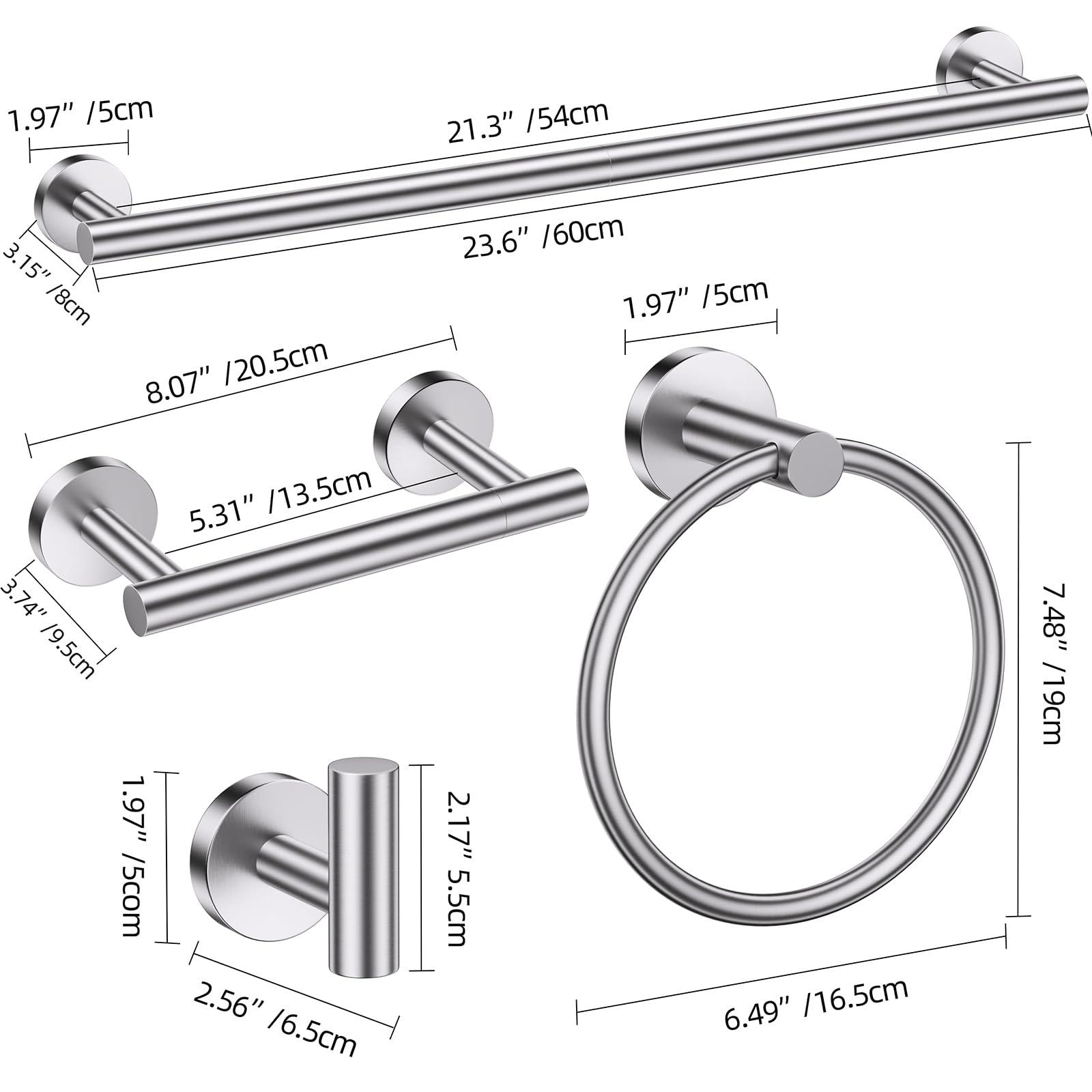 5 Pieces Brushed Nickel Round Towel Bar Set Bathroom Hardware Accessories Set Upgraded Toilet Paper Holder Towel Rail Set for Bathroom Stainless Steel Wall Mounted Bathroom Set,23.6 in - Image 3