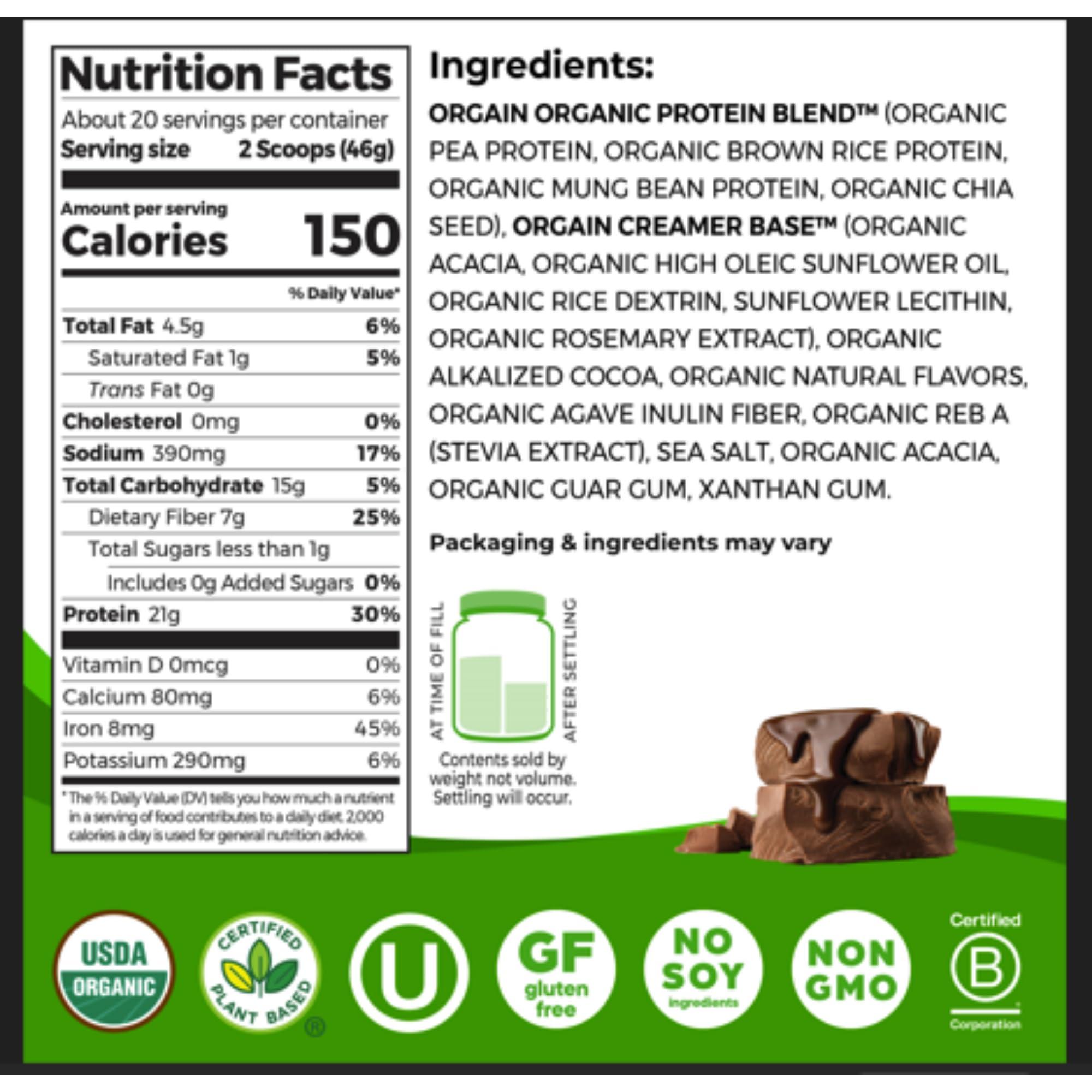 Orgain Organic Vegan Protein Powder, Creamy Chocolate Fudge - 21g Plant Protein, 6g Prebiotic Fiber, Low Net Carb, No Lactose Ingredients, No Added Sugar, Non-GMO, For Shakes & Smoothies, 2.03 lb - Image 2