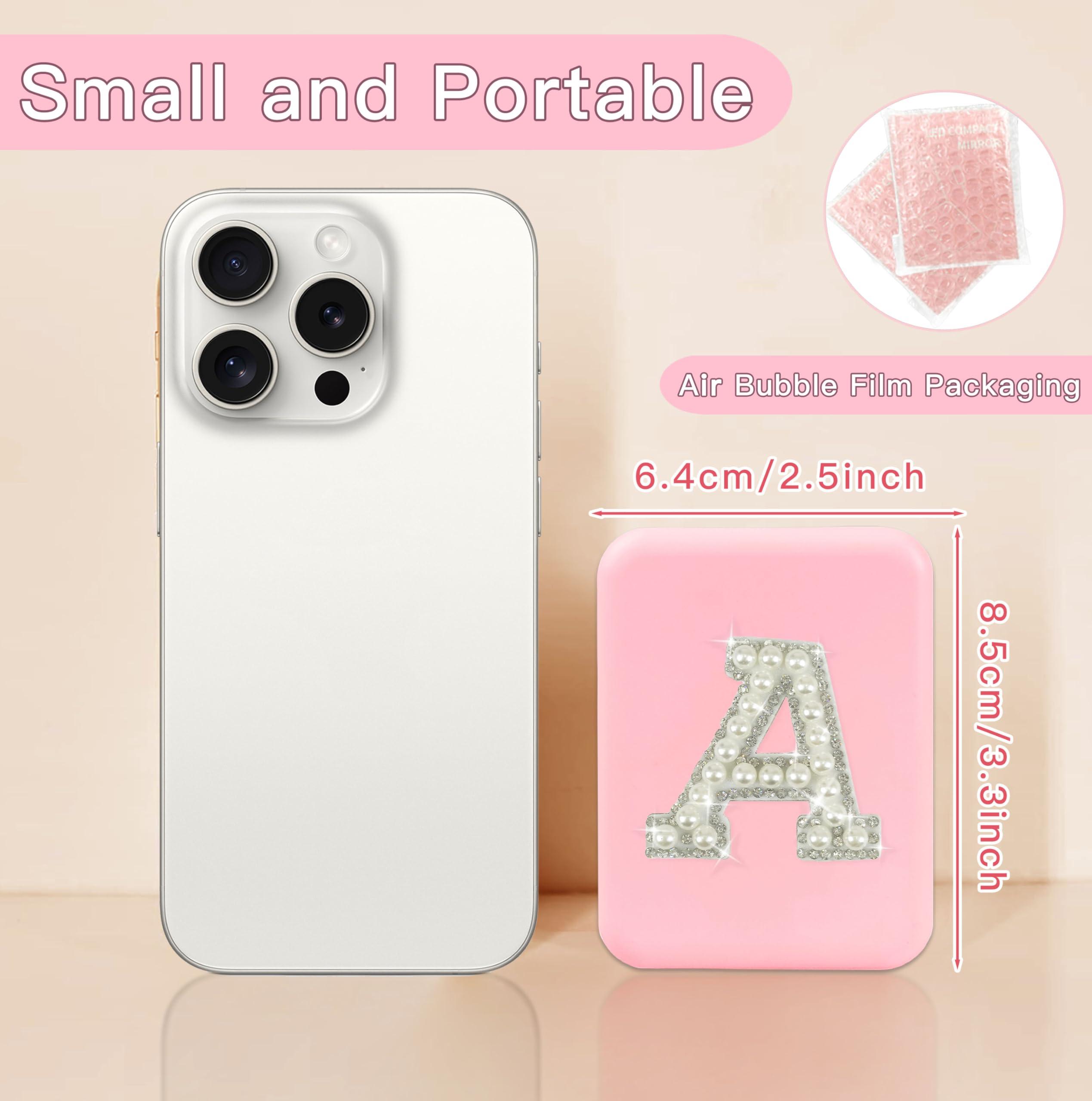 Aganmi Preppy Stuff Pearl Initial Travel Compact Mirror with Lights Personalized 1X/2X Magnification Mini LED Makeup Mirror for Purse Pink Portable Pocket Mirror Trendy Gift for Women Teen Girls (A) - Image 4
