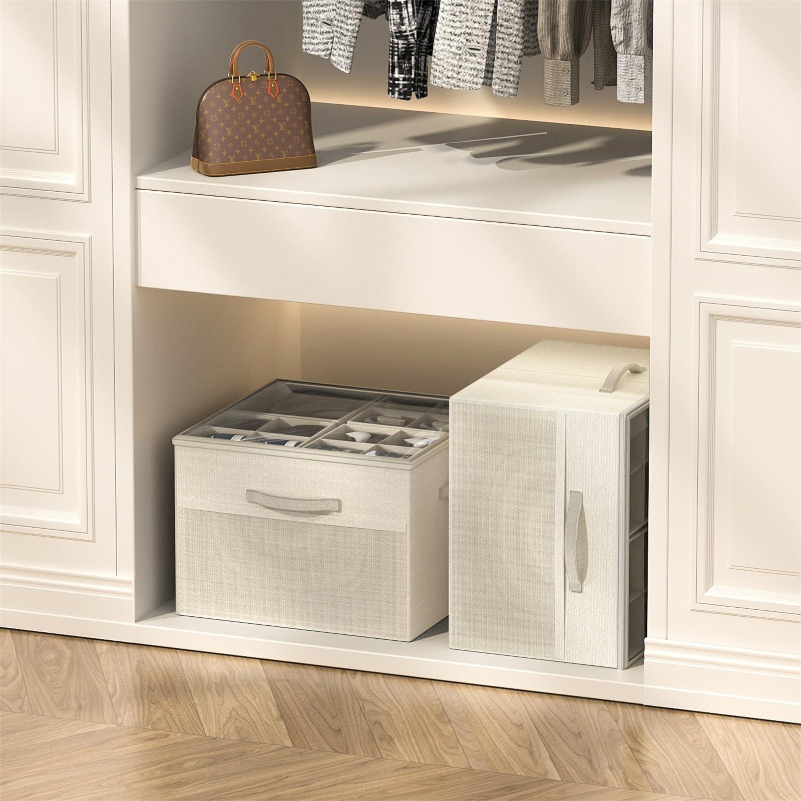Aokeyee Shoe Organizer for Closet, 2 Pack Foldable Shoe Storage Organizer Box Bin with Adjustable Dividers and Clear Cover, Fits up to 16-32 Pairs (Beige) - Image 6