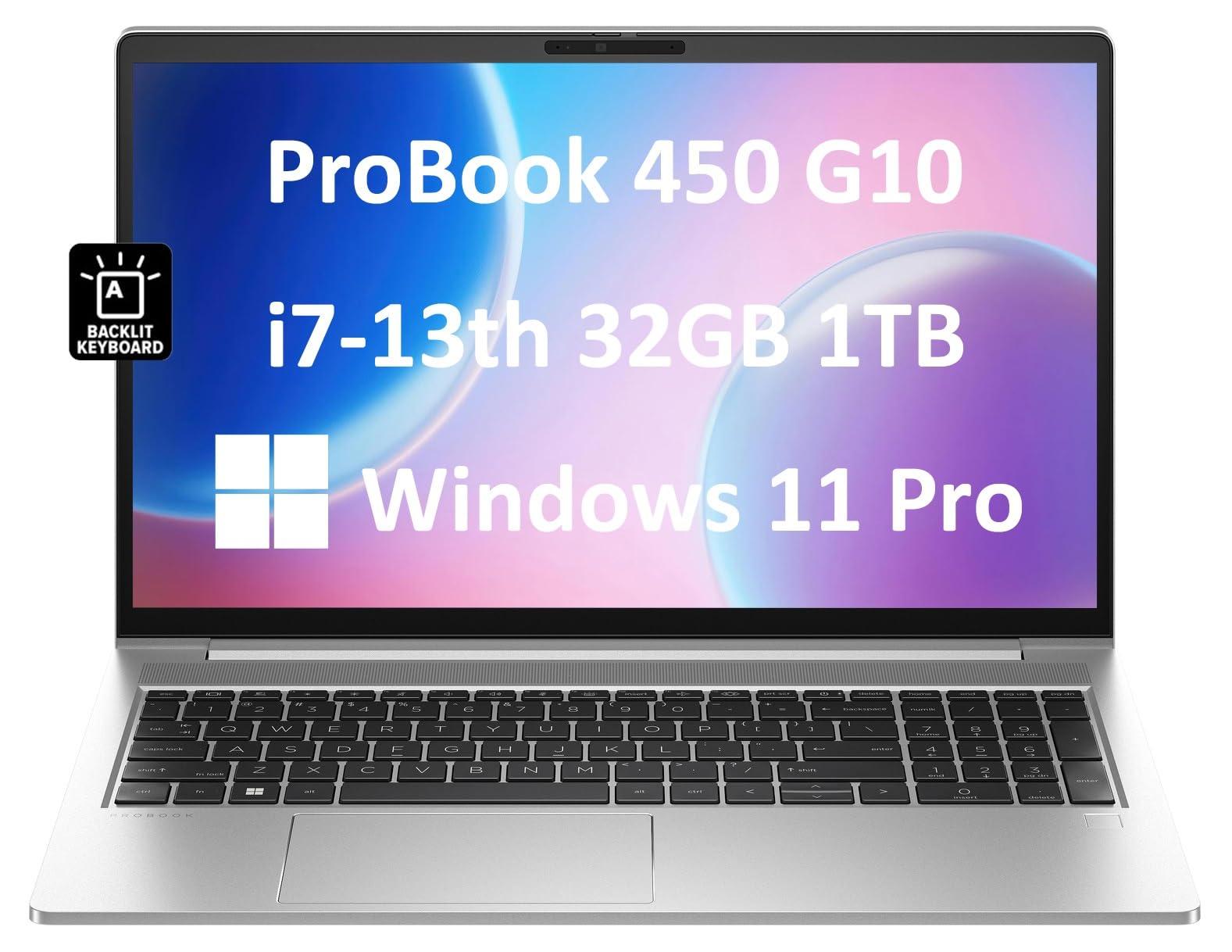 HP ProBook 450 G10 Business Laptop (15.6" FHD IPS Anti-Glare, Intel 10-Core i7-1355U, 32GB RAM, 1TB SSD) Backlit Keyboard, Webcam, Ethernet, Wi-Fi 6E, Wolf Pro Security, Win 11 Pro, Silver