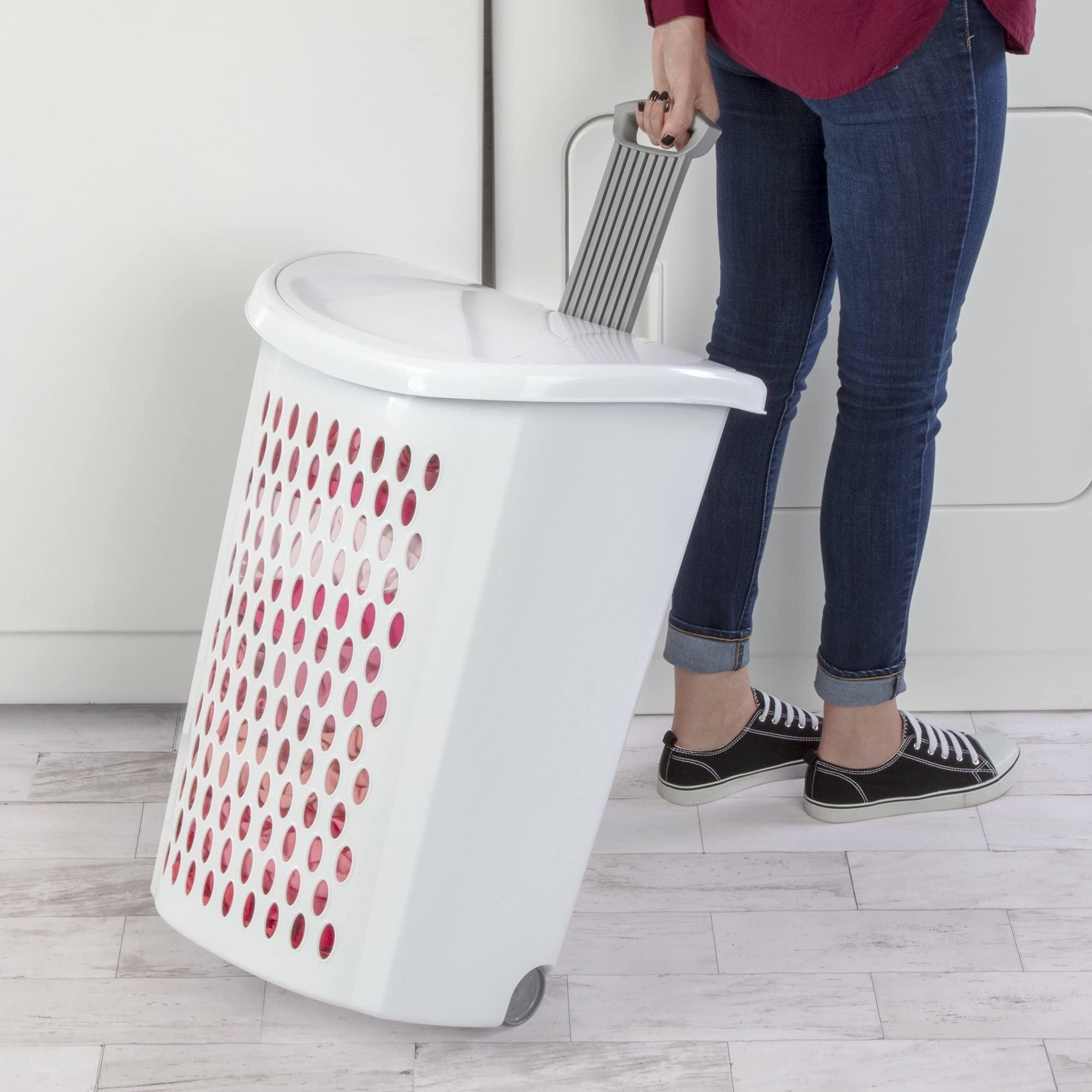 Ultra Wheeled Design Clothes Laundry Basket, Mind Reader Basket Collection，135 Liter （20 1/8" x 15 3/8" x 26 3/4"）Capacity, Laundry Hamper White Lid & Base w/Plastic Handle & Wheels - Image 2
