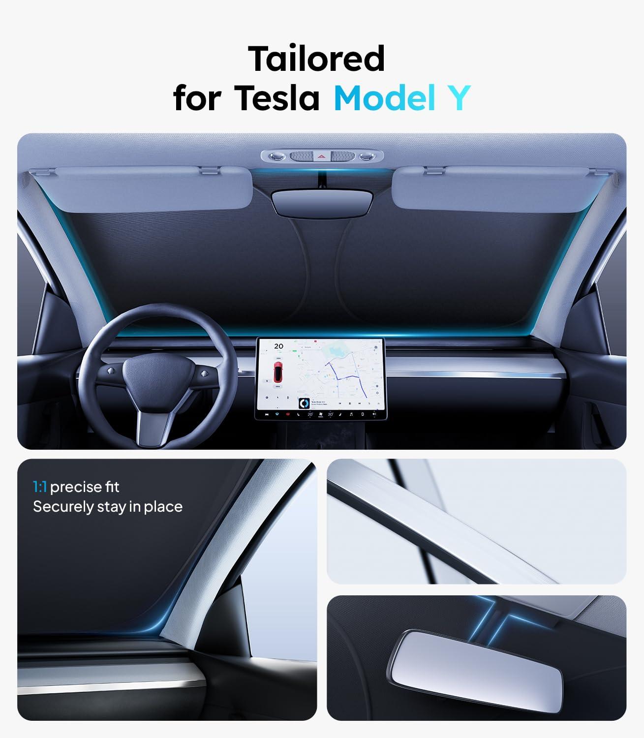 Wigoo 2025 Tesla New Model Y Accessories Windshield Sunshade [OEM Design, 100% Sun Blockage] Foldable Heat Insulation Sunshade with Storage Bag, for Model Y 2016~2026 (Juniper), Silver Coating - Image 4