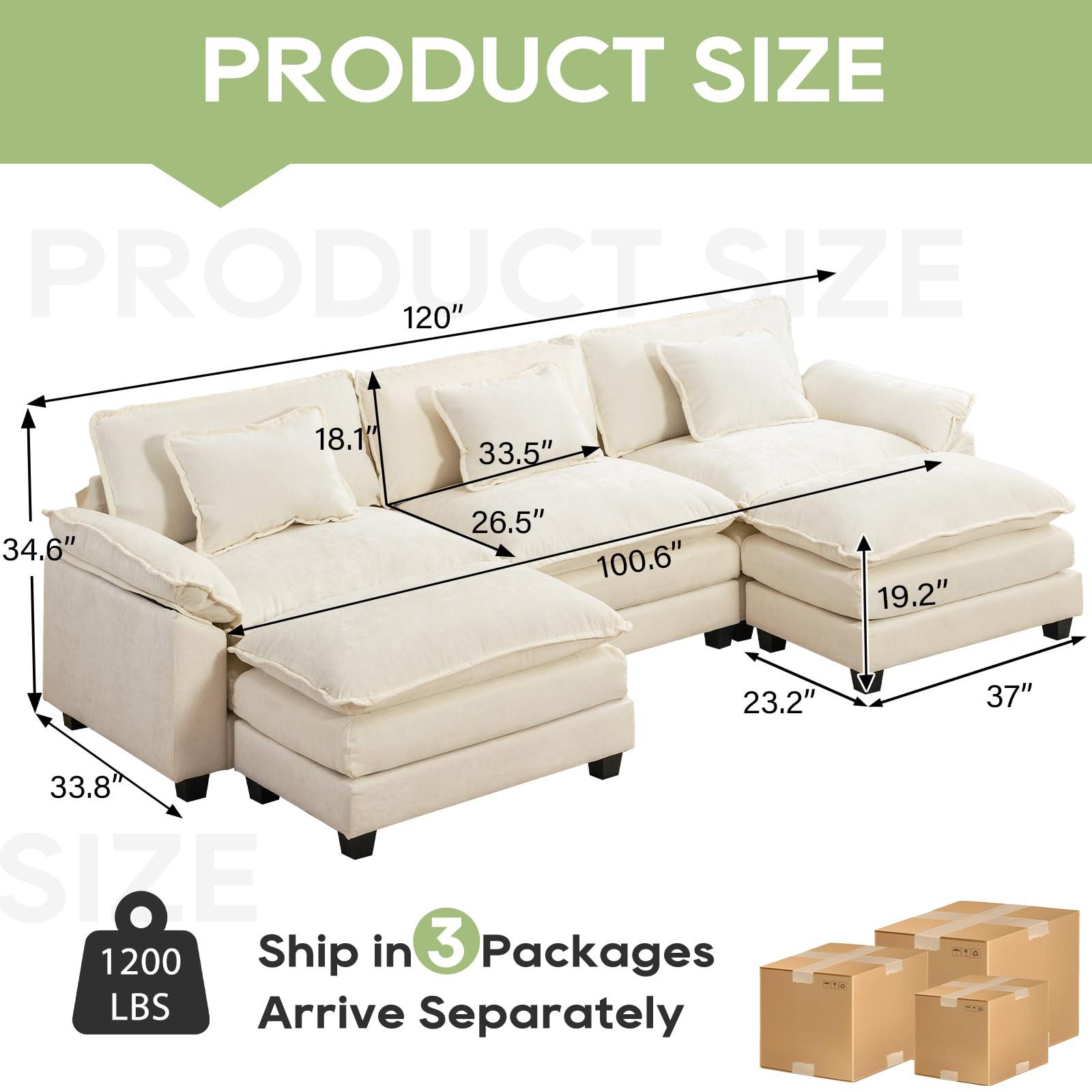 Oprisen 120" Modular Sectional Sofa, Comfy Cloud Couch Sectional Sofa with Ottoman, Chenille Sofa Sleeper Deep Seat Sofa with Throw Pillows for Living Room (Beige White, 120"- U Shape) - Image 2