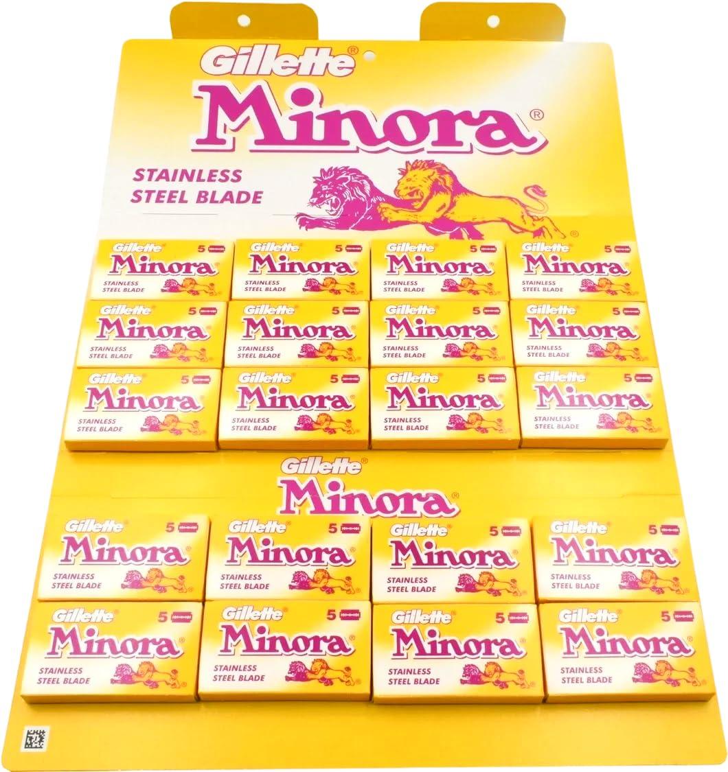 Gillette, 100 Gillette Minora Stainless Double Edge Safety Razor Blades on a display card, 20 dispnesers of 5 Blades