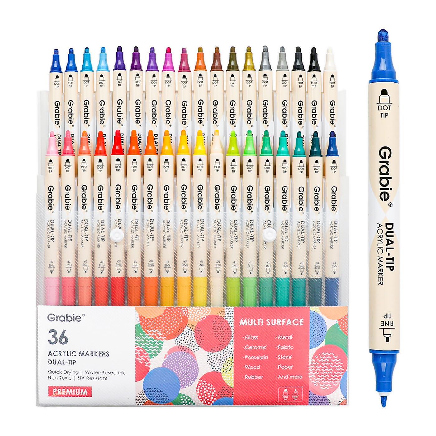 Grabie 36 Dual Tip Acrylic Paint Markers, Acrylic Paint Pens, Fabric Markers for Fabric, Canvas, Rock, Glass, Wood, Paper, DIY, Canvas DIY Art Supplies Kit for Adults
