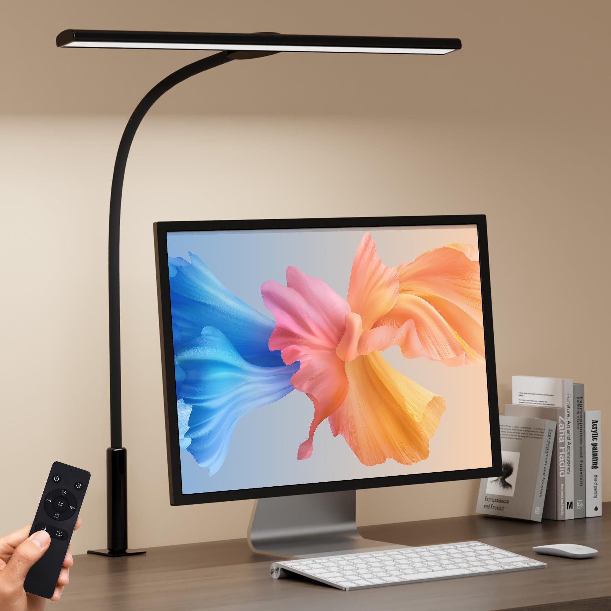 SEOUFRDZ LED Desk Lamp with Clamp, Eye-Caring Adjustable Brightness, 3 Lighting Modes, Touch & Remote Control Clip Light for Home Office, Study, Computer Work, Reading, Puzzle, Task (Black)