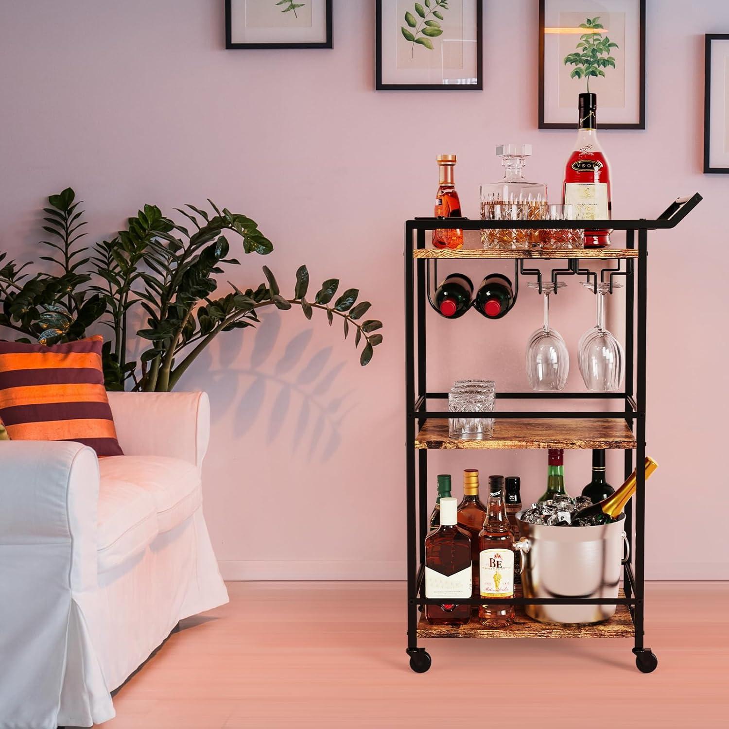 LOTEYIKE 3 Tier Bar Cart, Mini Liquor Utility Cart for Wine Beverage Dinner Party, Rolling Wine Coffee Drink Serving Cart with Lockable Wheels for Home Kitchen Bars (Rustic Brown) - Image 2