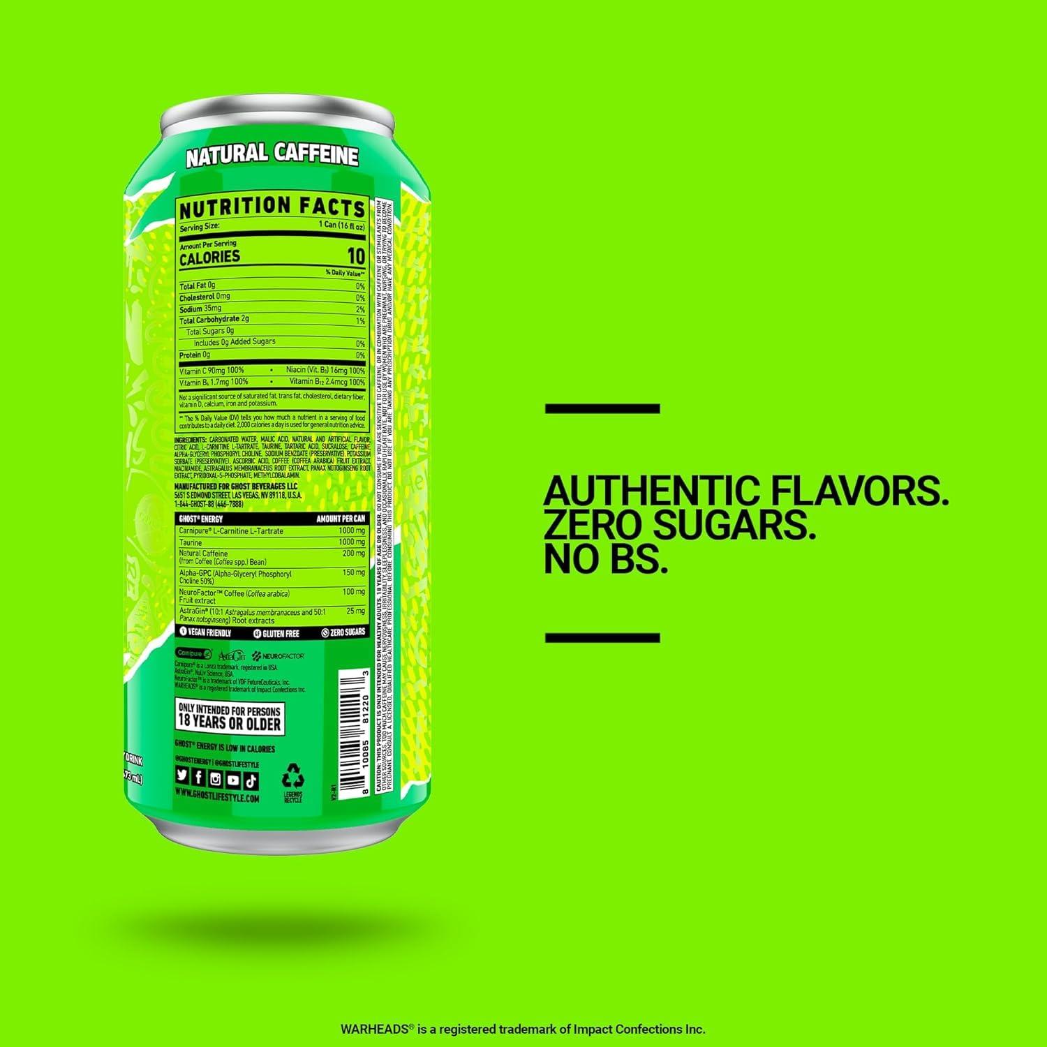 GHOST Energy Drink - 12-Pack, Warheads Sour Green Apple, 16oz - Energy & Focus & No Artificial Colors - 200mg of Natural Caffeine, L-Carnitine & Taurine - Gluten-Free & Vegan - Image 3