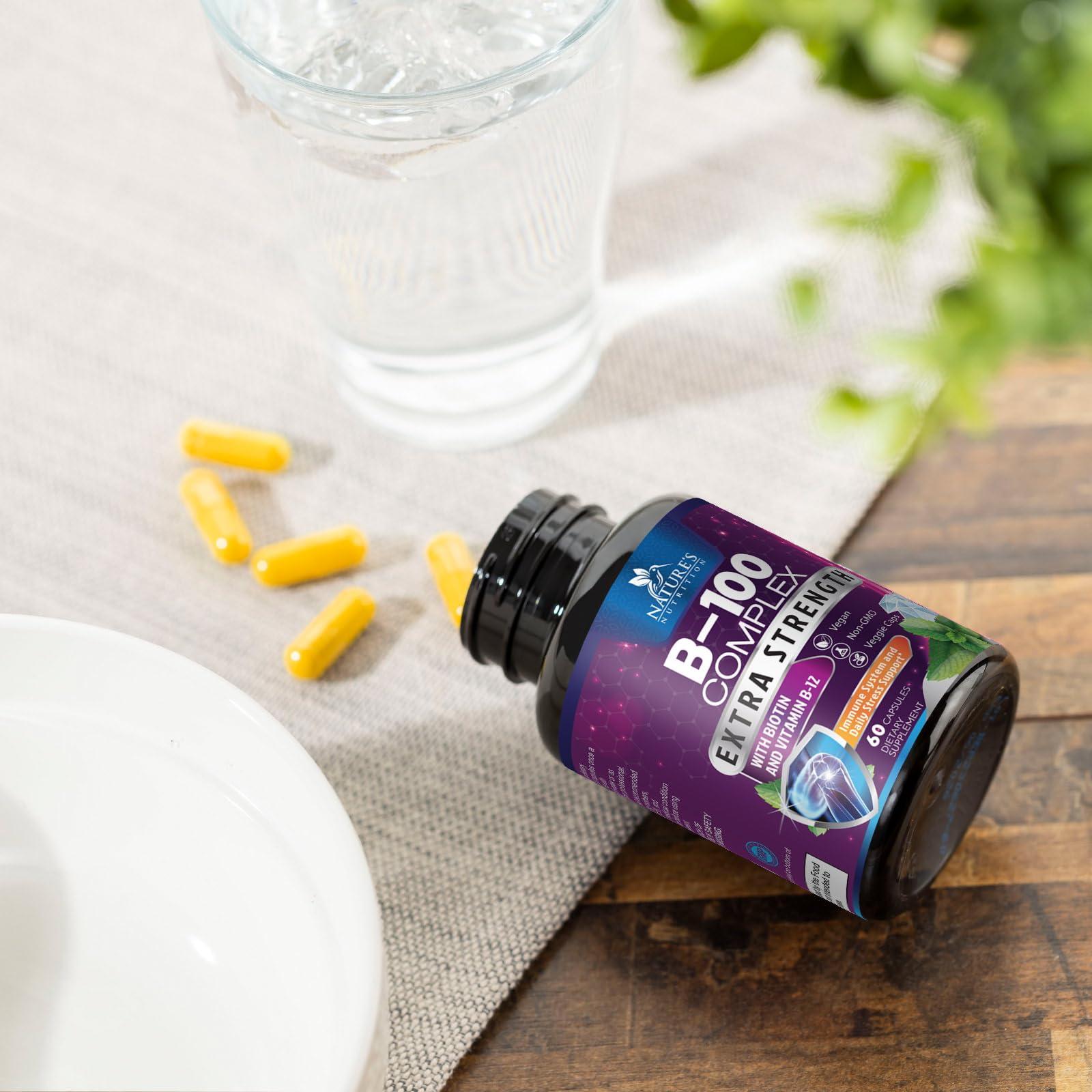 Vitamin B Complex Capsules with Vitamins B6 B12 B100 C Biotin Folate & Folic Acid - Supplement for Heart, Brain, & Nerve Support - Super Complete B-Complex for Immune & Energy Support - 60 Capsules - Image 8
