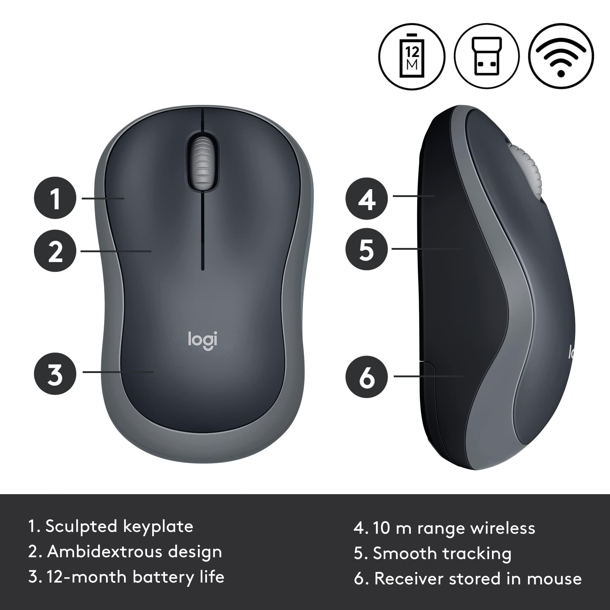 Logitech M185 Wireless Mouse, 2.4GHz with USB Mini Receiver, 12-Month Battery Life, 1000 DPI Optical Tracking, Ambidextrous PC/Mac/Laptop - Swift Grey - Image 4