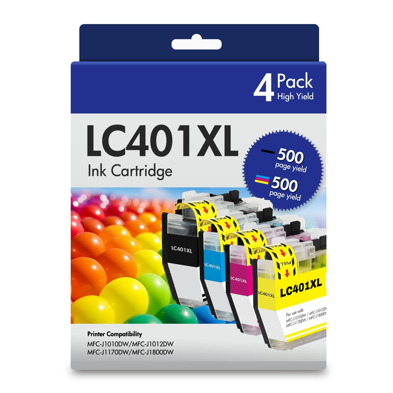 LC401 MFC-J1010DW LC401XL Ink Cartridges for Brother Printer LC 401 401XL for MFC-J1010DW MFC-J1170DW MFC-J1012DW MFC-J1800DW MFC J1010DW - 4 Pack High Yields Black Cyan Magenta Yellow