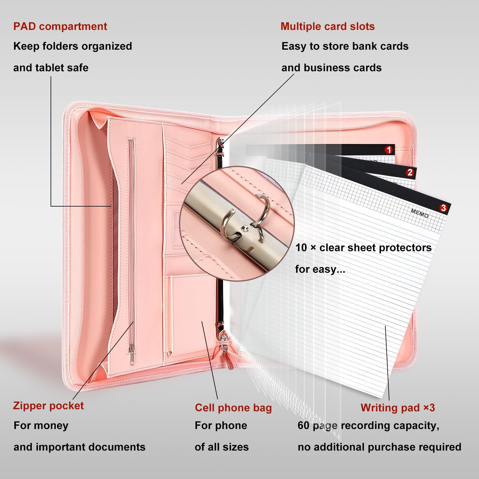 Leathario Portfolio Binder, Includes 10 Sheet Protectors and 3 Notepads, 3-Ring Folder Organizer, A4 Padfolio with Zipper, Vegan Leather Tablet Sleeve, Business Office Conference Clipboards - Image 6