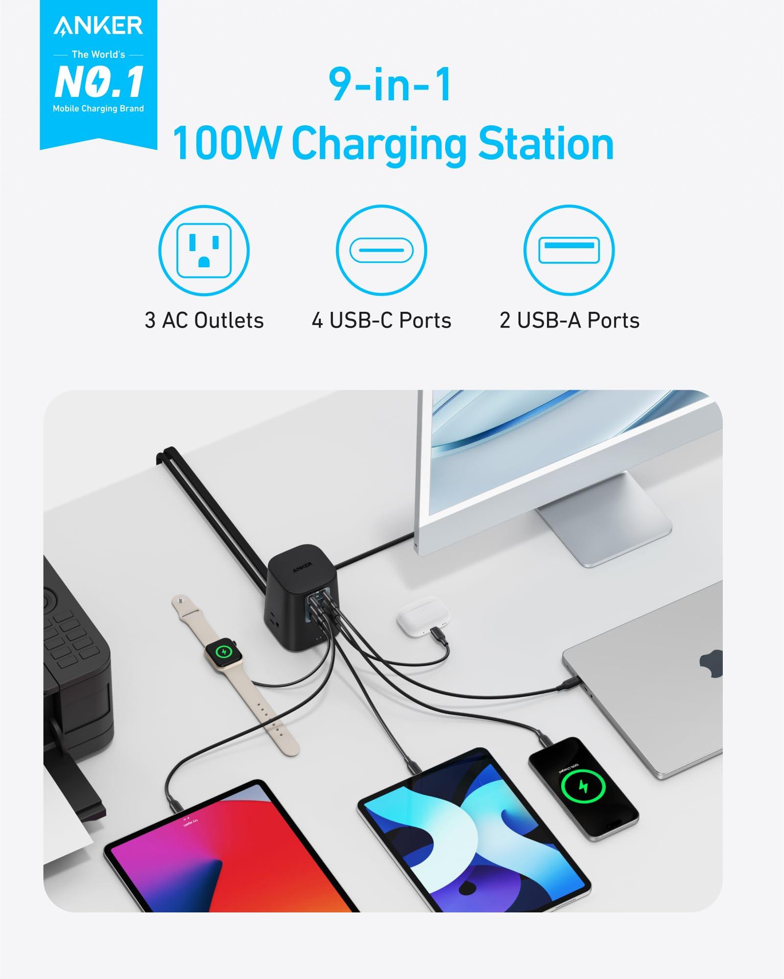 Anker Charging Station (100W), 9-in-1 USB-C Power Strip with 300J Surge Protection, for iPhone 16 & MacBook, 5 ft Flat Cable and Plug, 4 USB-C and 2 USB-A Ports, 3 AC Outlets, for Home, Office - Image 2