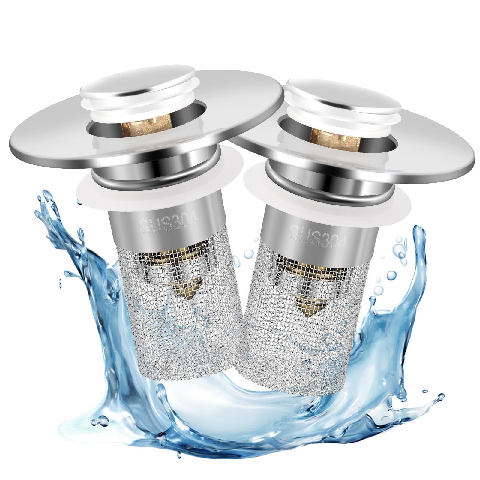 2 Pack Bathroom Sink Drain Strainer, 2 in 1 Pop Up Bathroom Sink Stopper with Hair Catcher Basket for 1~1.5 Inch Drain Holes, Universal Wash Basin Stopper Sink Drain Filter Anti-Clogging