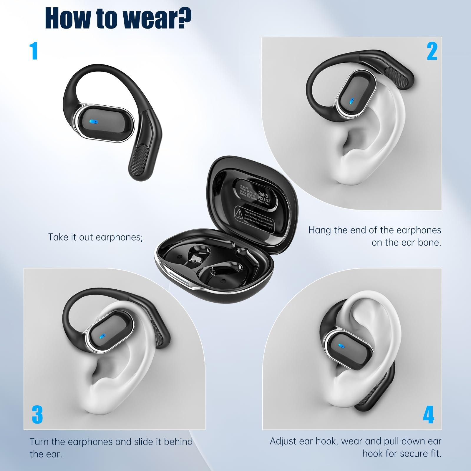 TRAUSI Open Ear Bluetooth Earbuds Wireless Headphones, 50Hrs Playtime Stereo Sound Earphones with IPX7 Waterproof Ear Buds, Ideal for Fitness, Travel - Black - Image 3