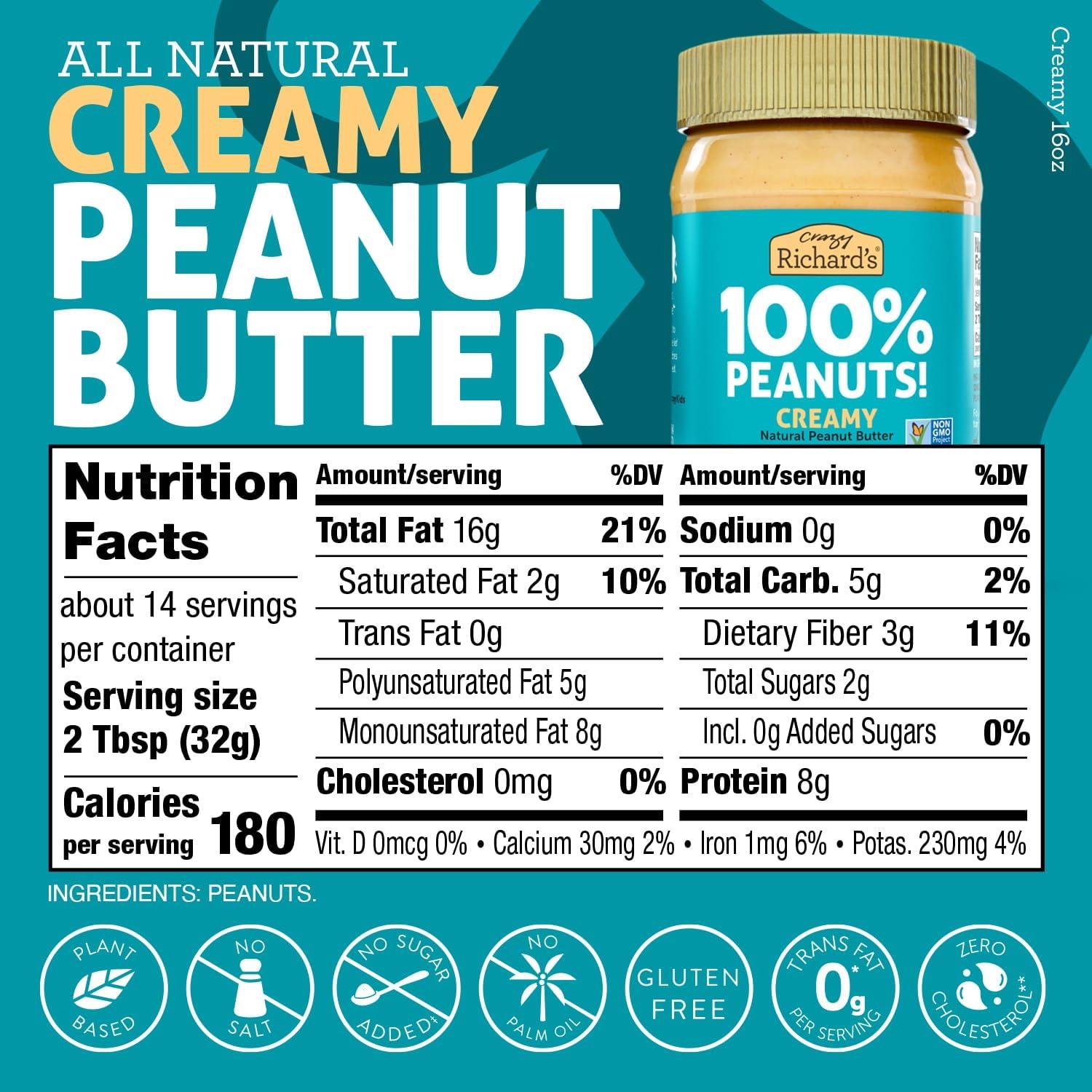 Crazy Richard's 100% All-Natural Vegan Creamy Peanut Butter with No Added Sugar and Non-GMO Variety Pack (Original 100% Peanuts Creamy + No Stir Creamy) - Image 2
