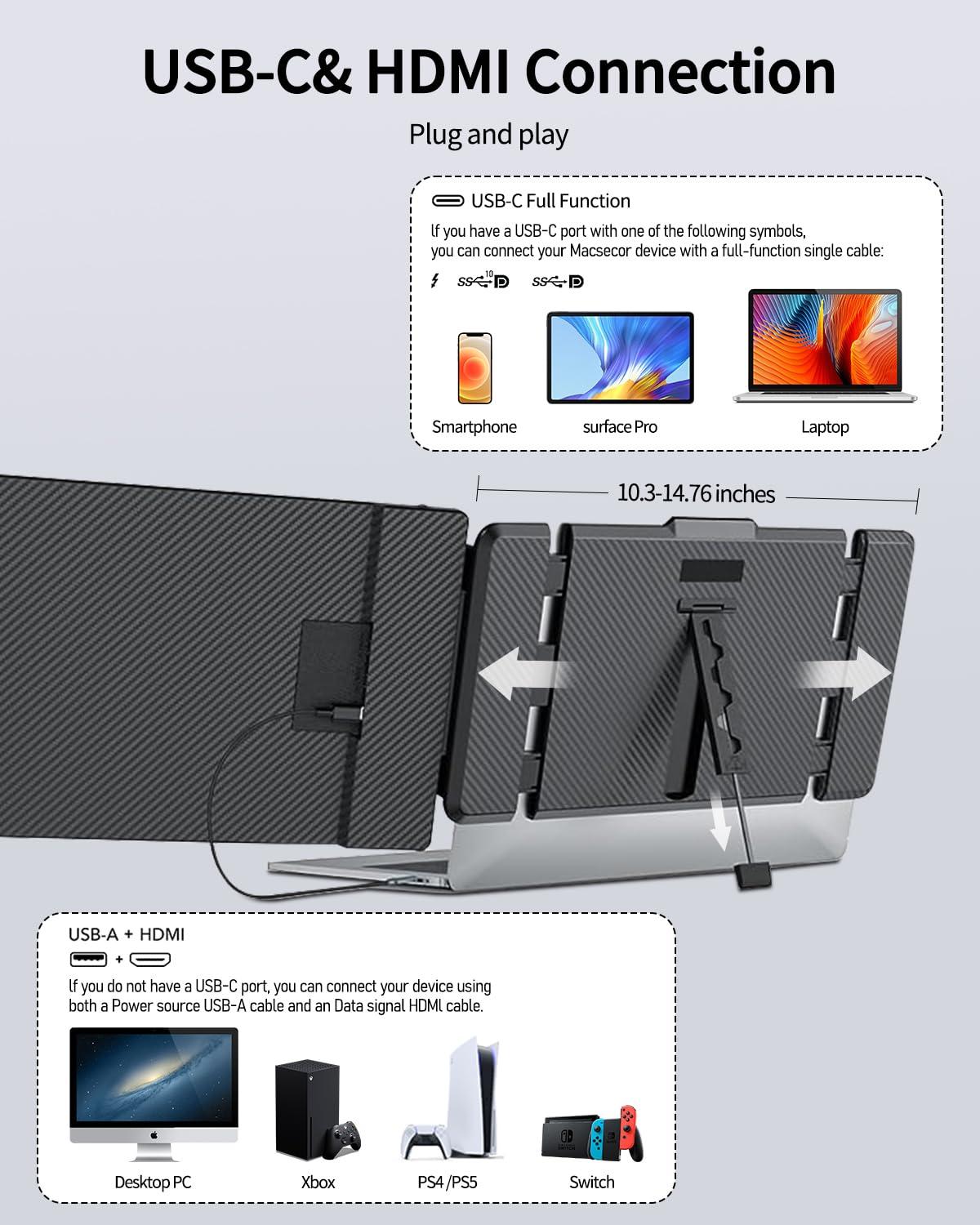 Macsecor 14.1'' Laptop Screen Extender, 1080P FHD Portable Monitor for Laptop USB C HDMI, Plug-Play Laptop Monitor Extender for 13'' -17.3'' Laptops, Compatible for Mac/Wins/Android/Switch - Image 3