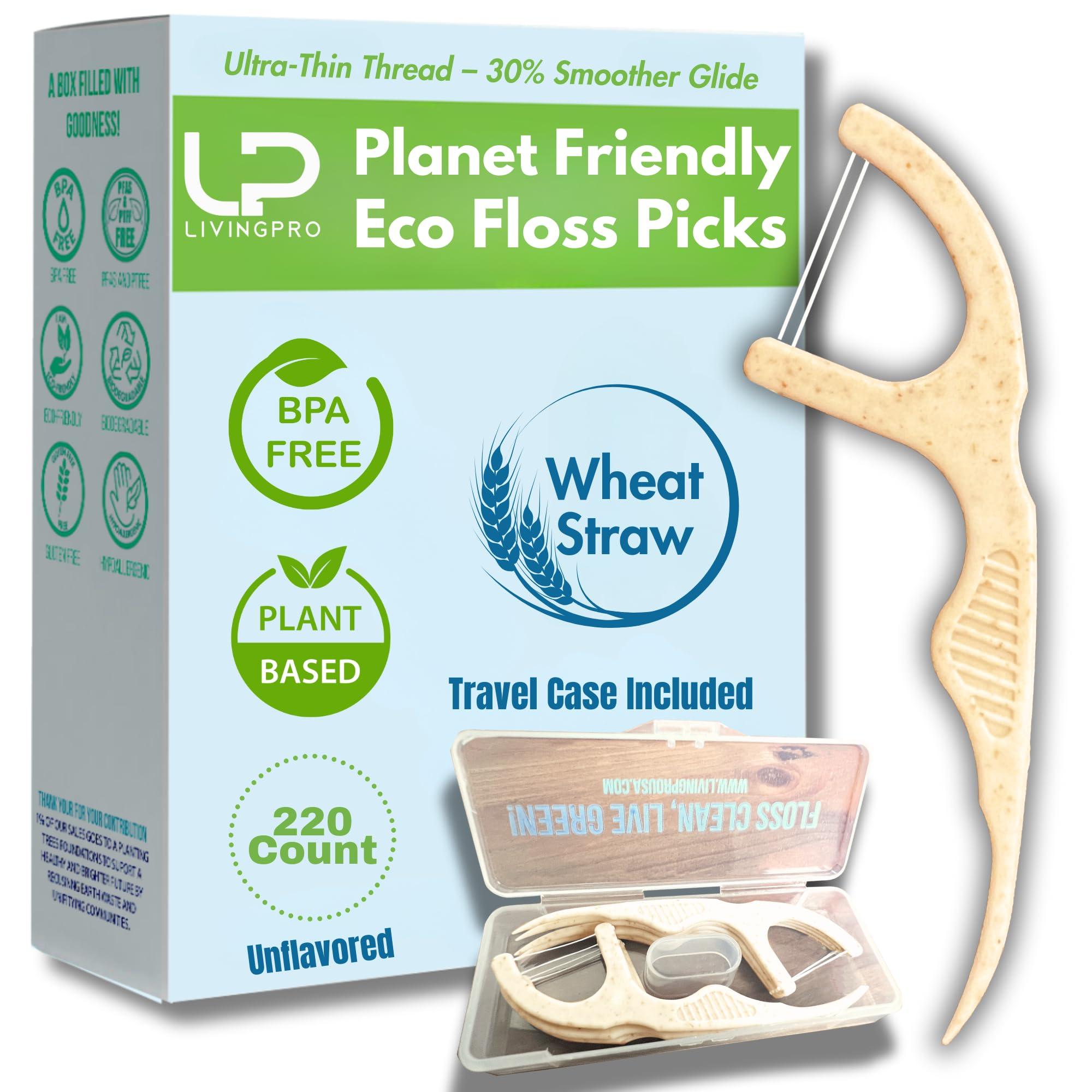 Twin Line Eco Floss Picks (220 Count) - Plant-Based Straw Wheat Floss Sticks with Travel Case | 2X More Effective Cleaning-Compostable Tooth Flossers, Thin & Shred Resistant Thread | - Image 1