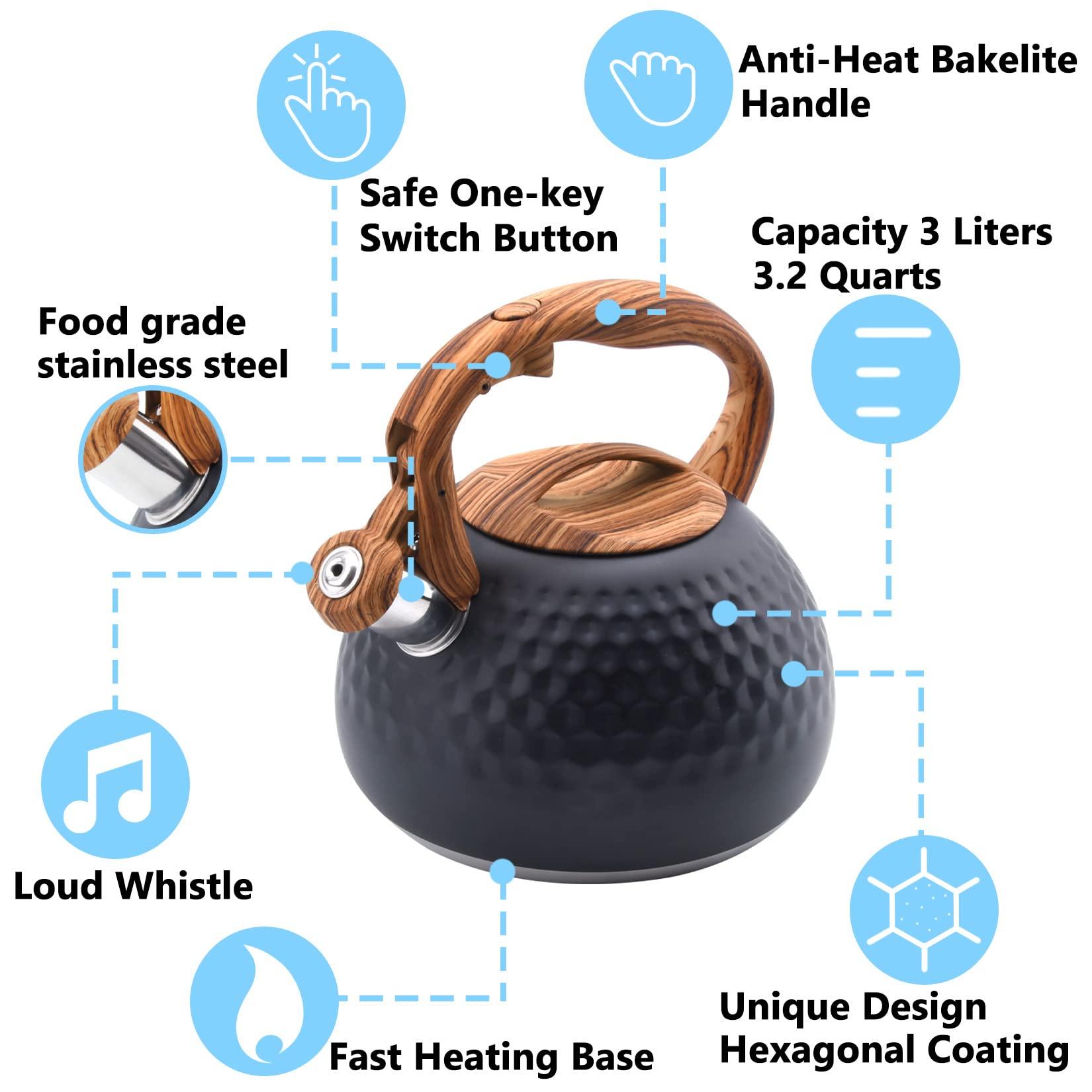 Foedo Tea Kettle Stovetop, 3.2 Qt Stainless Steel Whistling Kettle for Stove Top, Food Grade Teapot with Wood Pattern Handle for Coffee, Milk etc, Gas Electric Applicable (Black) - Image 6