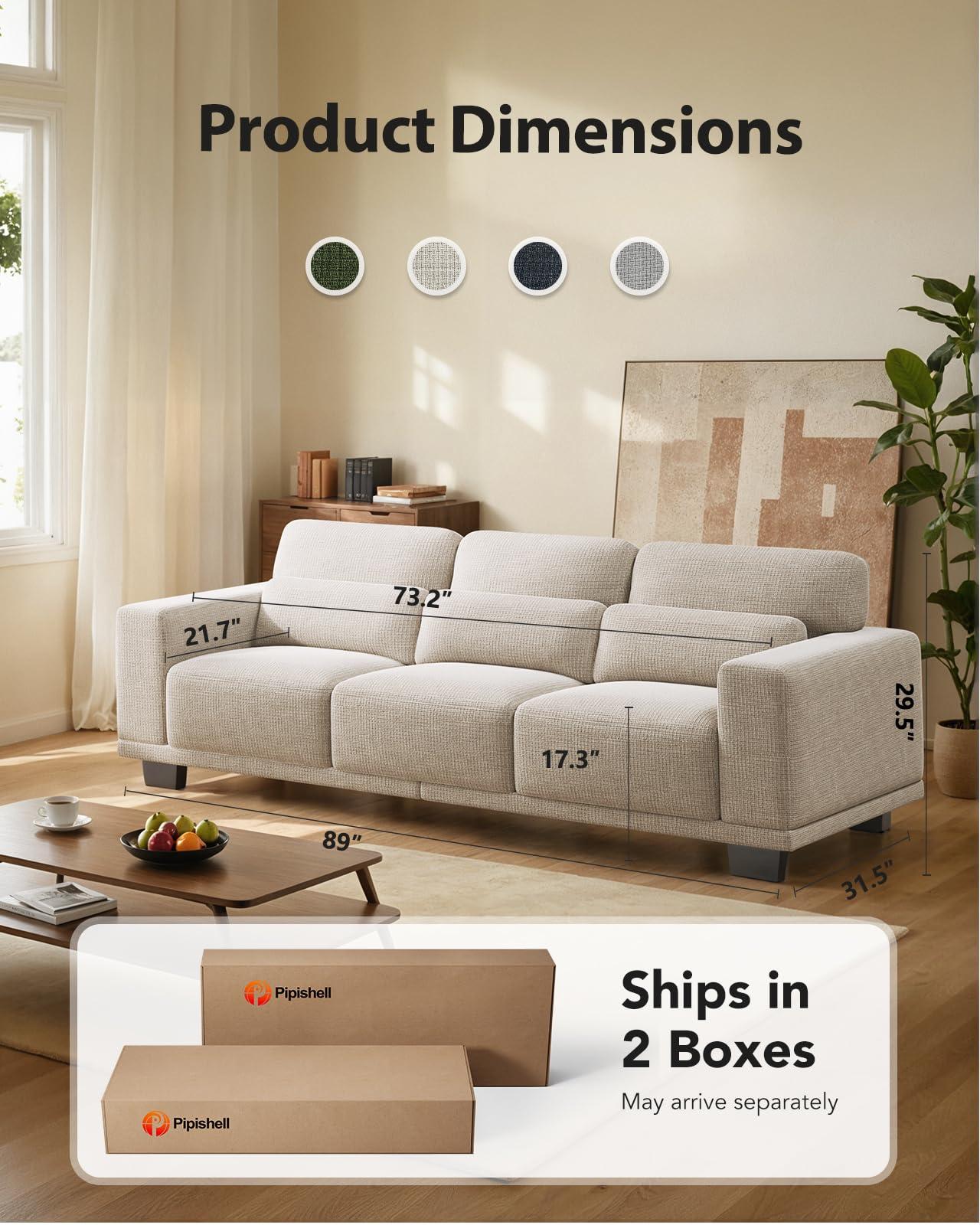 Pipishell 3 Seater Sofa Couch with Deep Seats and Wide Armrests, 89" Couches for Living Room, Comfy 3-Seater Futon Sofas,Modern Upholstered Couch with Removable Washable Cover,Linen Fabric, White - Image 3